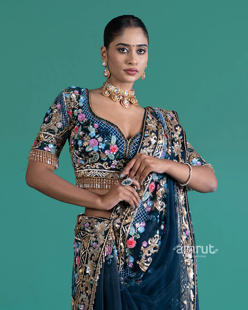 Navy Blue Net Saree with Floral Embroidery and Blouse - Image 3