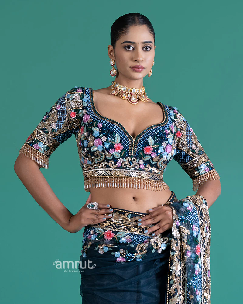 Navy Blue Net Saree with Floral Embroidery and Blouse - Image 5