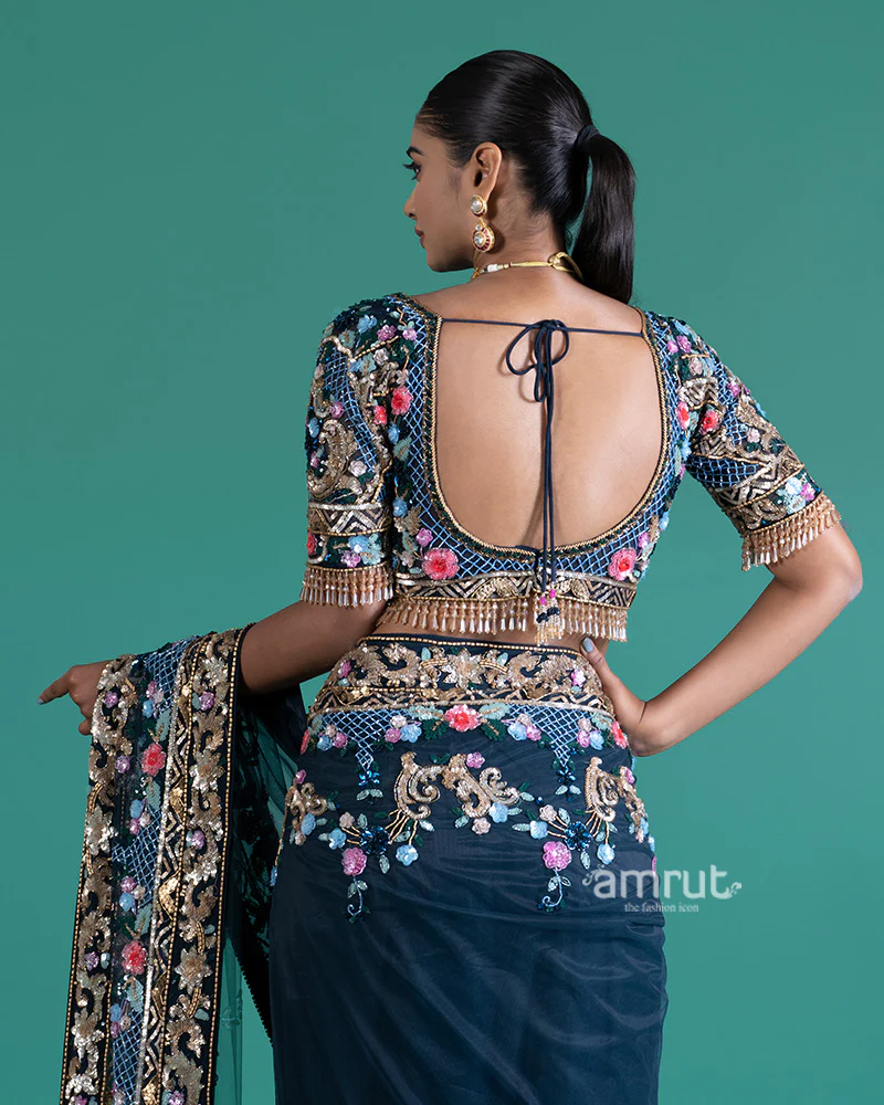 Navy Blue Net Saree with Floral Embroidery and Blouse - Image 6