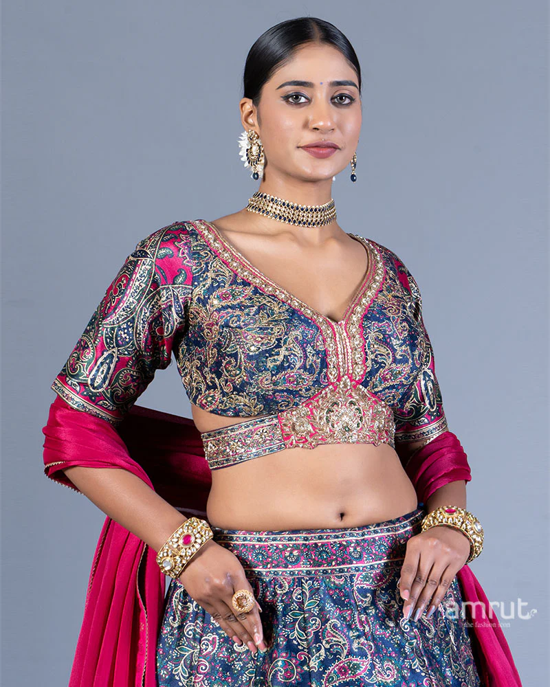 Navy Blue Paisley Lehenga with Embroidered Choli and Pink Dupatta - Image 2