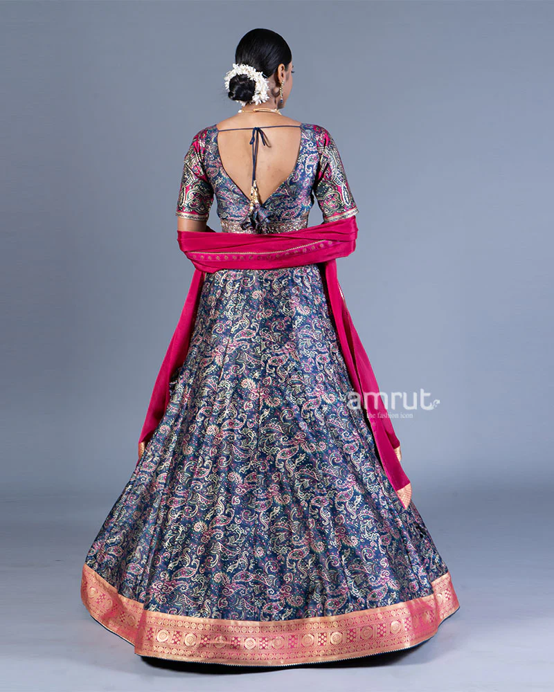 Navy Blue Paisley Lehenga with Embroidered Choli and Pink Dupatta - Image 3