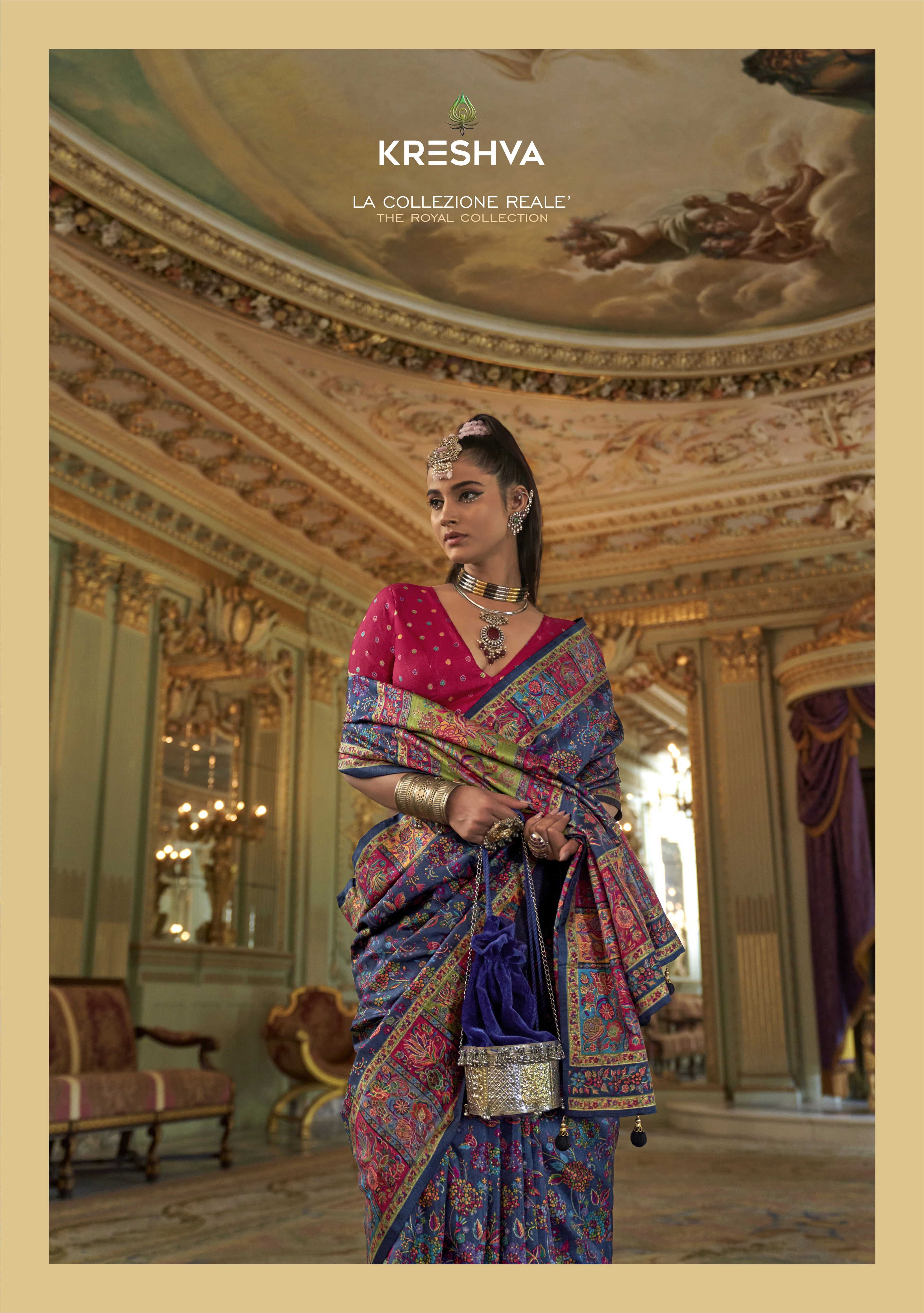 Navy Blue Pashmina Inspired Heritage Print Saree with Rani Pink Blouse - Image 2