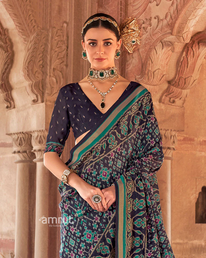 Navy Blue Patola Printed Saree with Teal Green Zari Border and Unstitched Blouse - Image 2