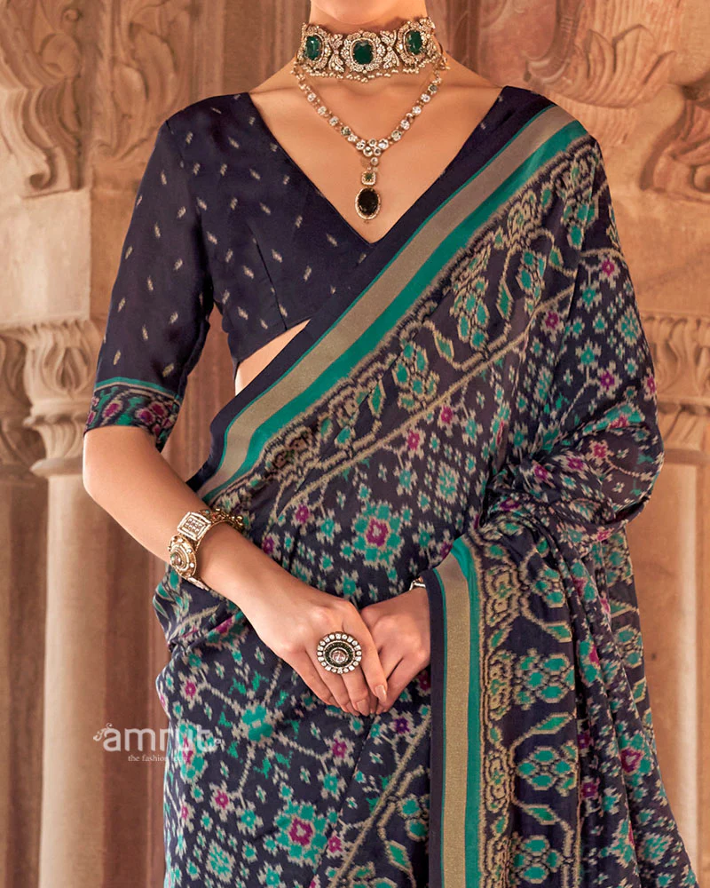 Navy Blue Patola Printed Saree with Teal Green Zari Border and Unstitched Blouse - Image 3