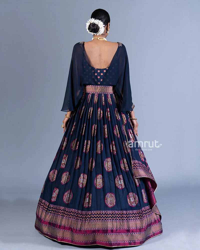 Navy Blue Pleated Gown with Golden Embellishments and Cape Sleeves - Image 3