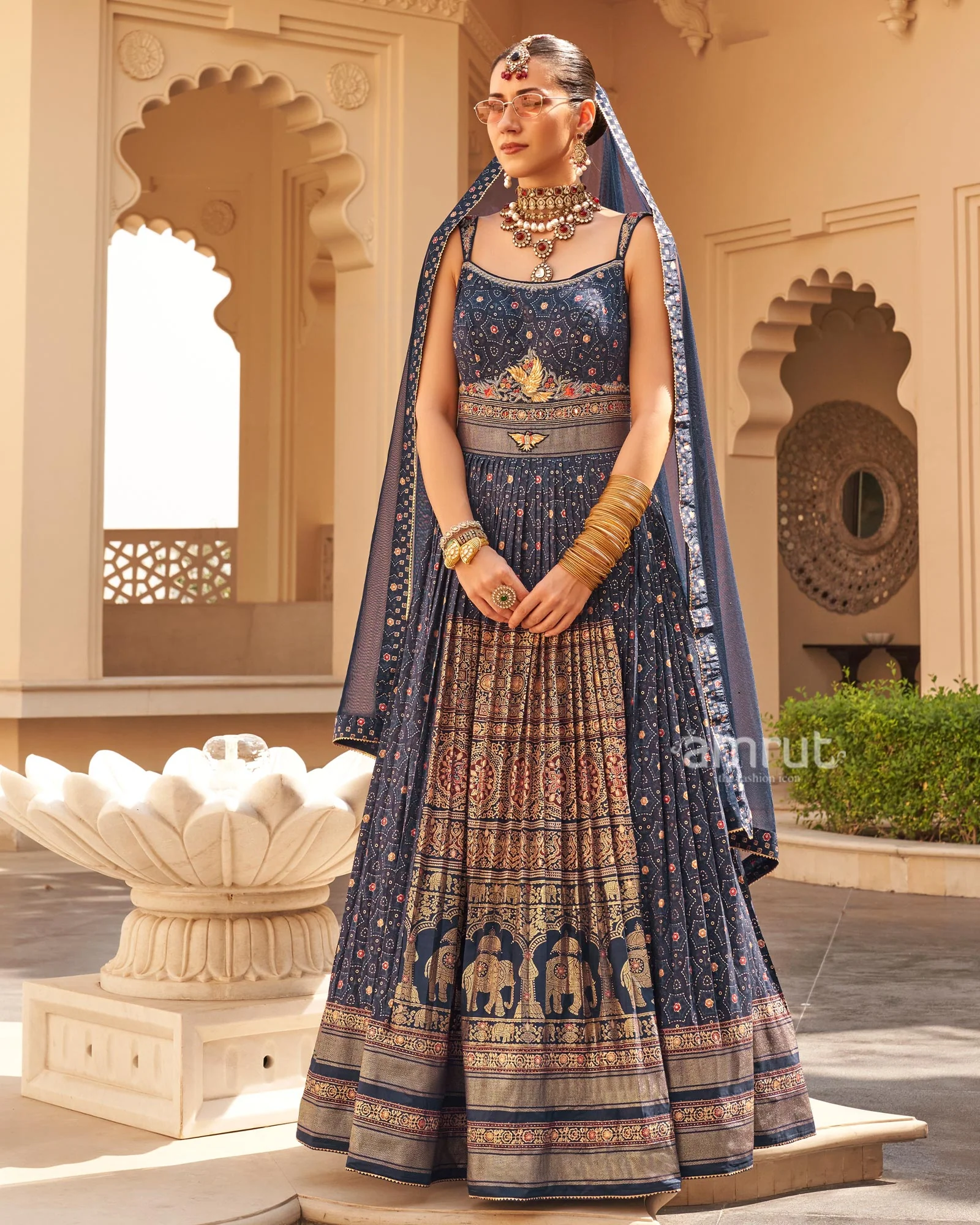 Navy Blue Printed Anarkali Dress and Men Kurta Set - Image 3