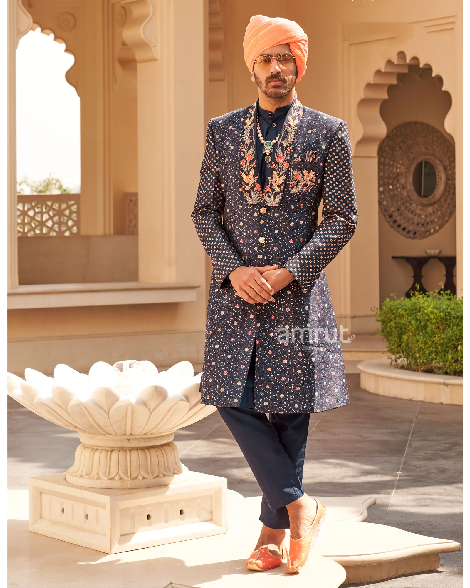 Navy Blue Printed Anarkali Dress and Men Kurta Set - Image 4