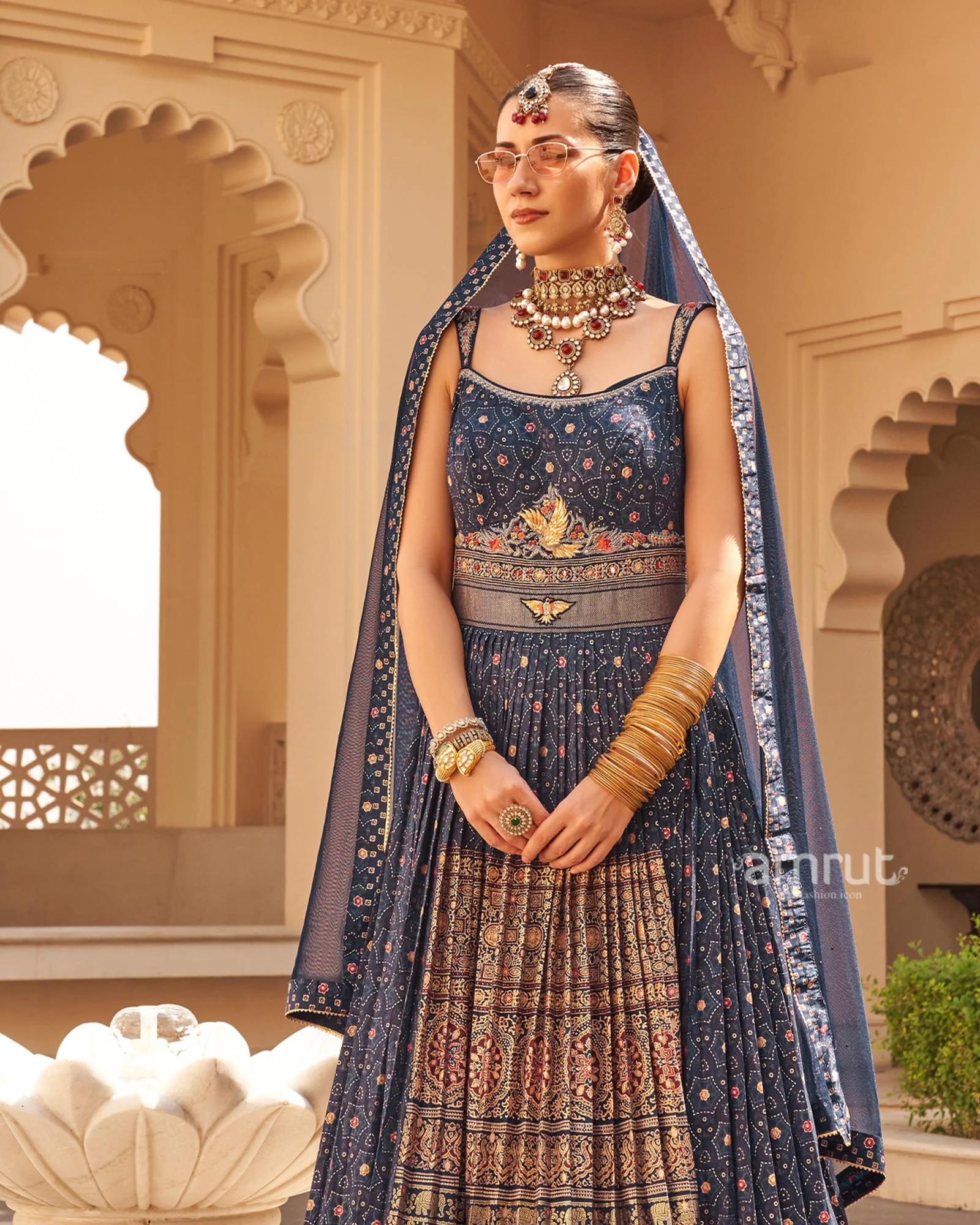 Navy Blue Printed Anarkali Dress and Men Kurta Set - Image 5