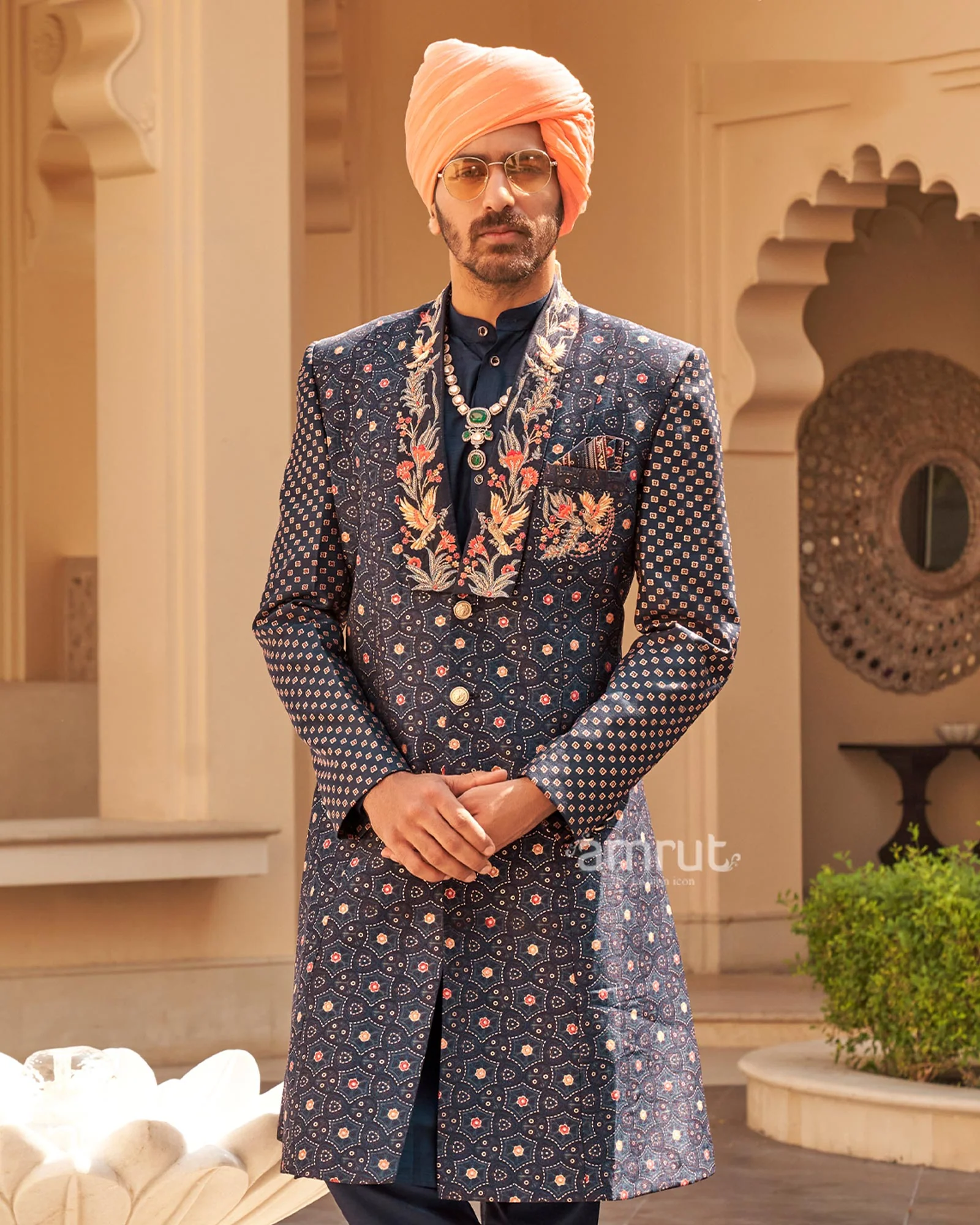 Navy Blue Printed Anarkali Dress and Men Kurta Set - Image 6