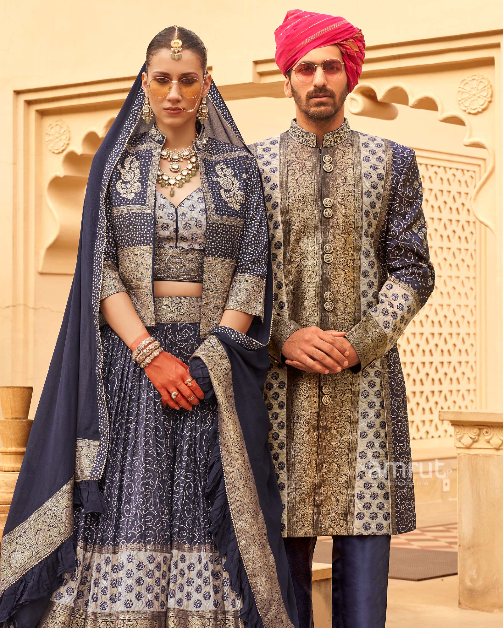 Navy Blue Printed Lehenga Set With Coat and Men Kurta Set - Image 2