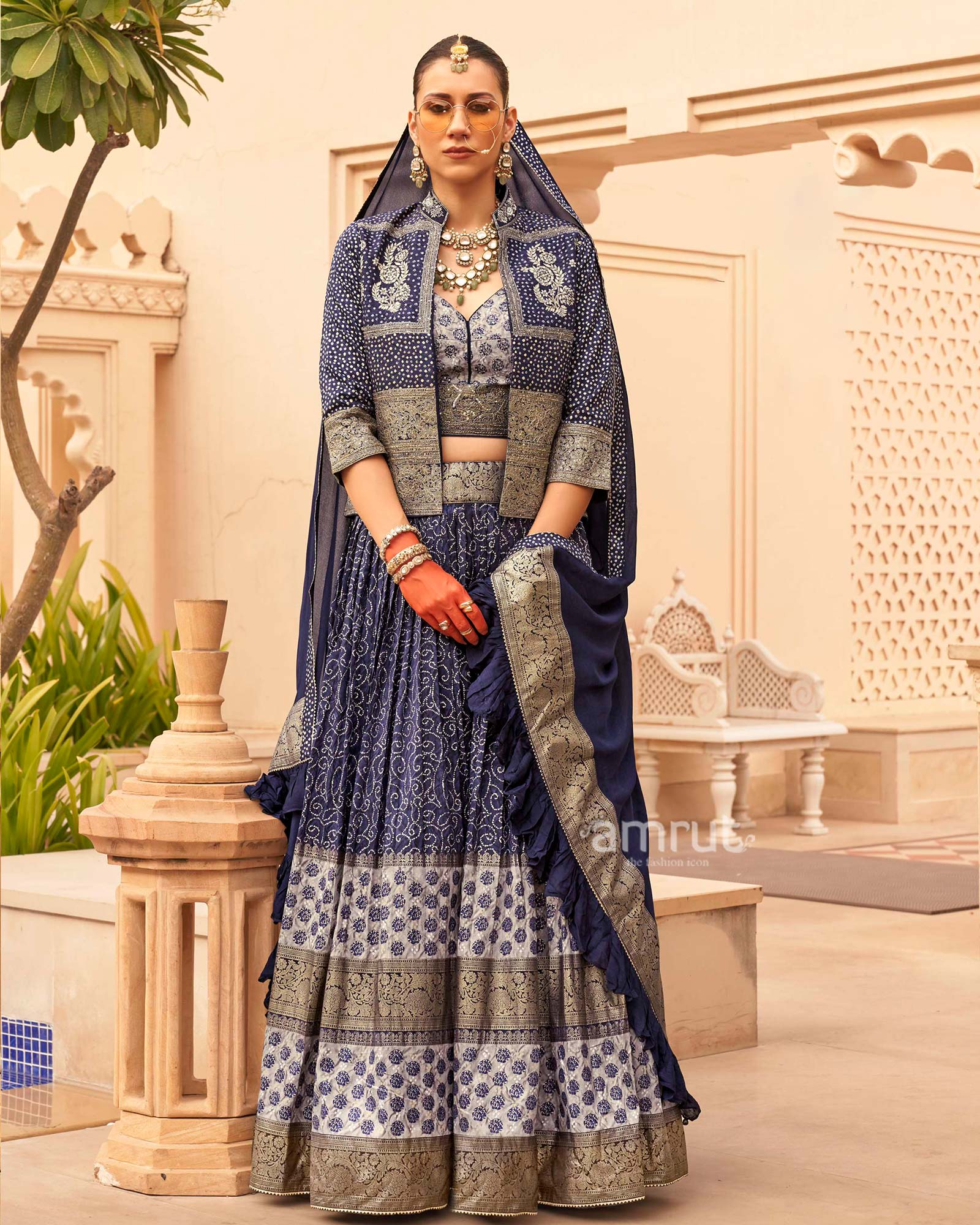 Navy Blue Printed Lehenga Set With Coat and Men Kurta Set - Image 3