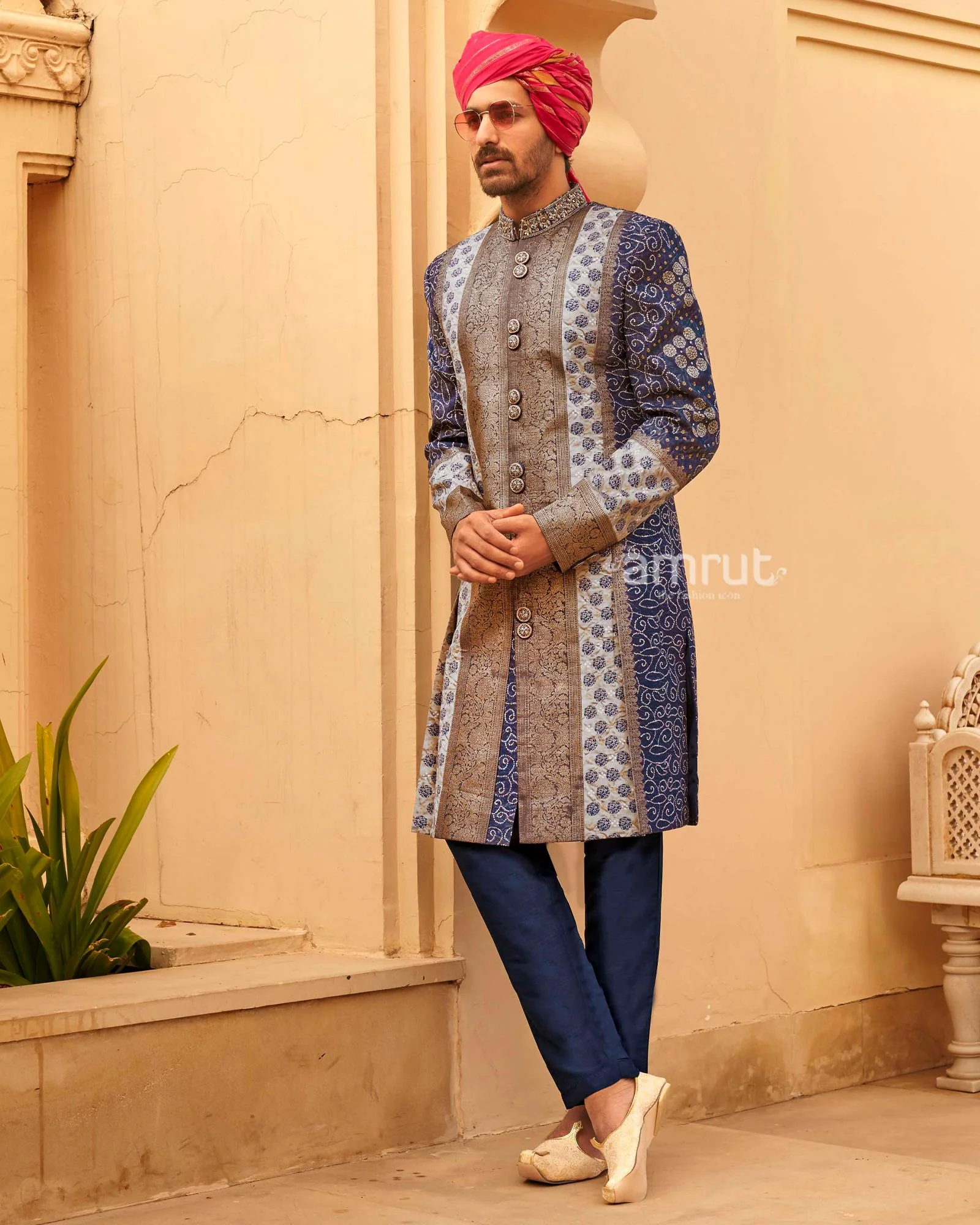 Navy Blue Printed Lehenga Set With Coat and Men Kurta Set - Image 4