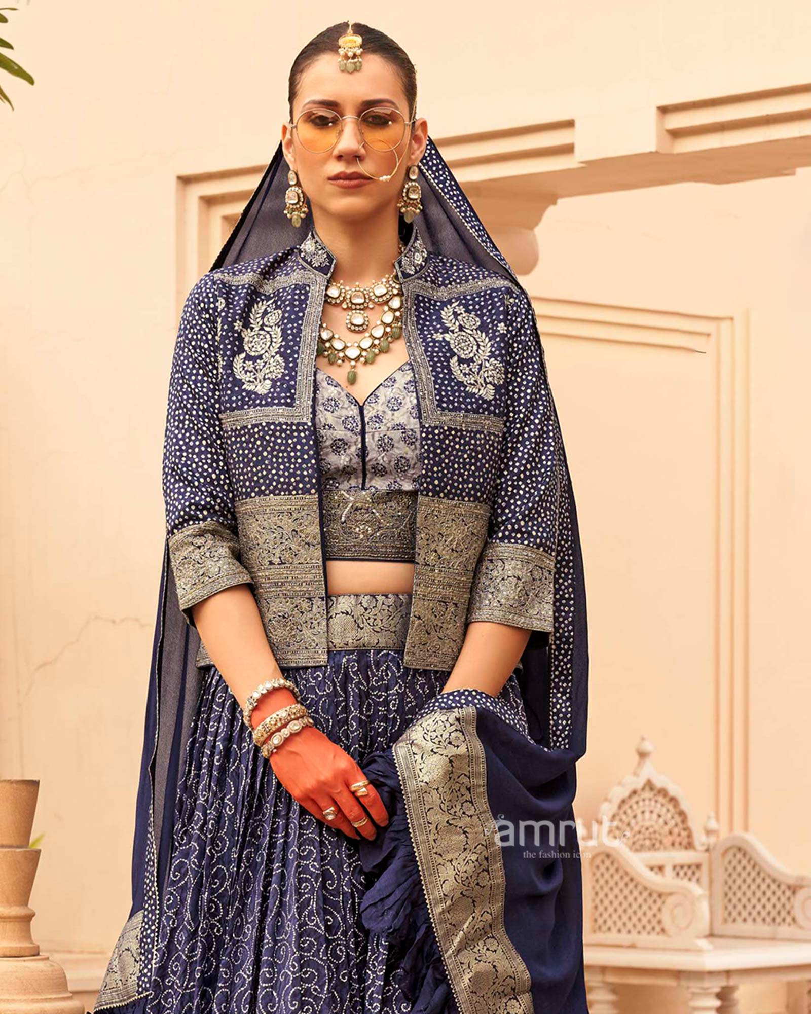 Navy Blue Printed Lehenga Set With Coat and Men Kurta Set - Image 5