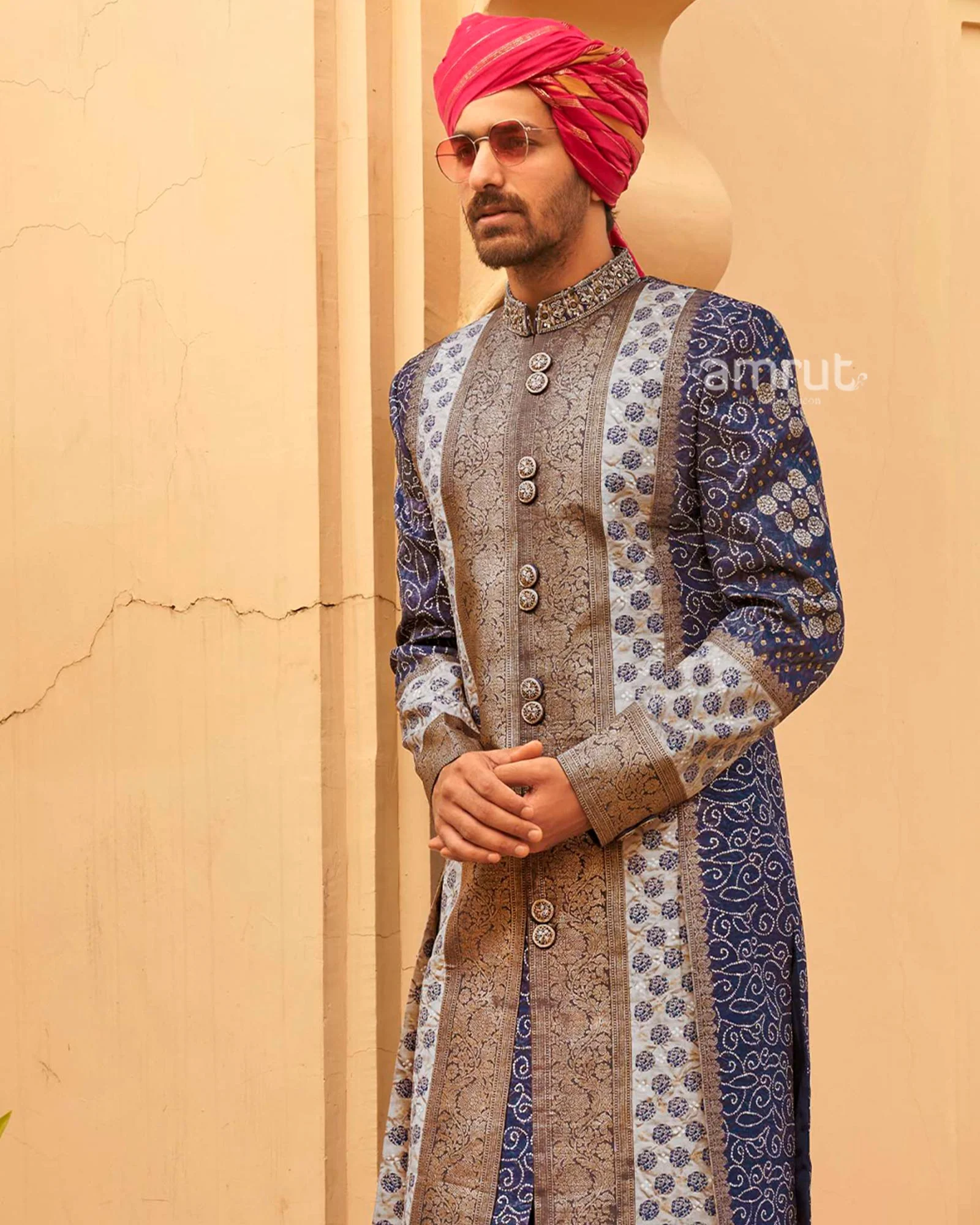 Navy Blue Printed Lehenga Set With Coat and Men Kurta Set - Image 6