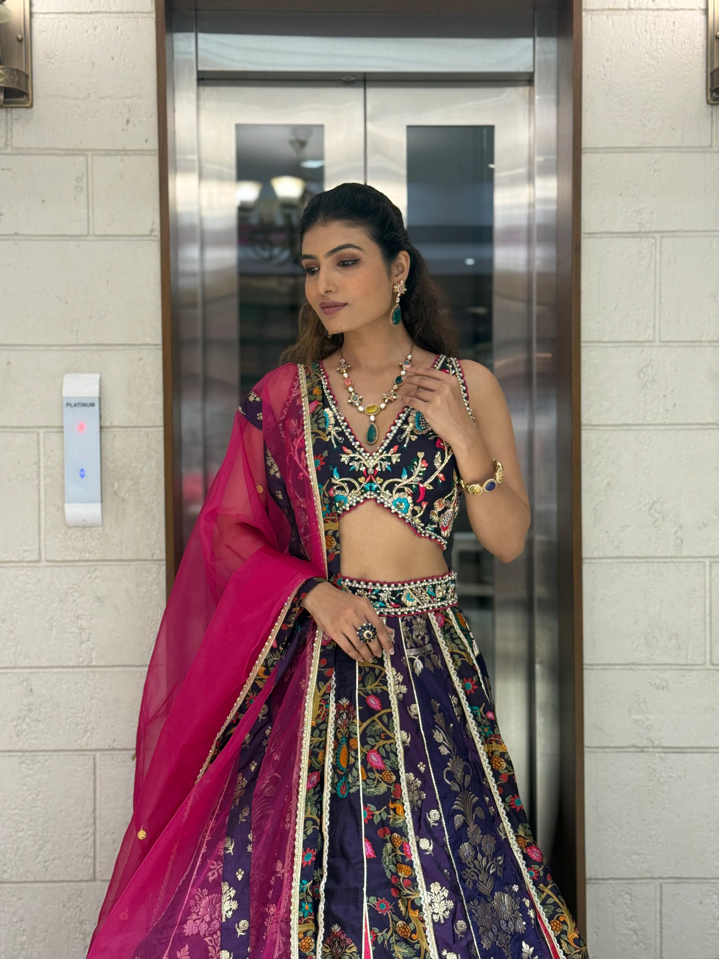 Navy Blue & Rani Pink Banarasi Panelled Lehenga with Hand-Embroidered Blouse - Image 2