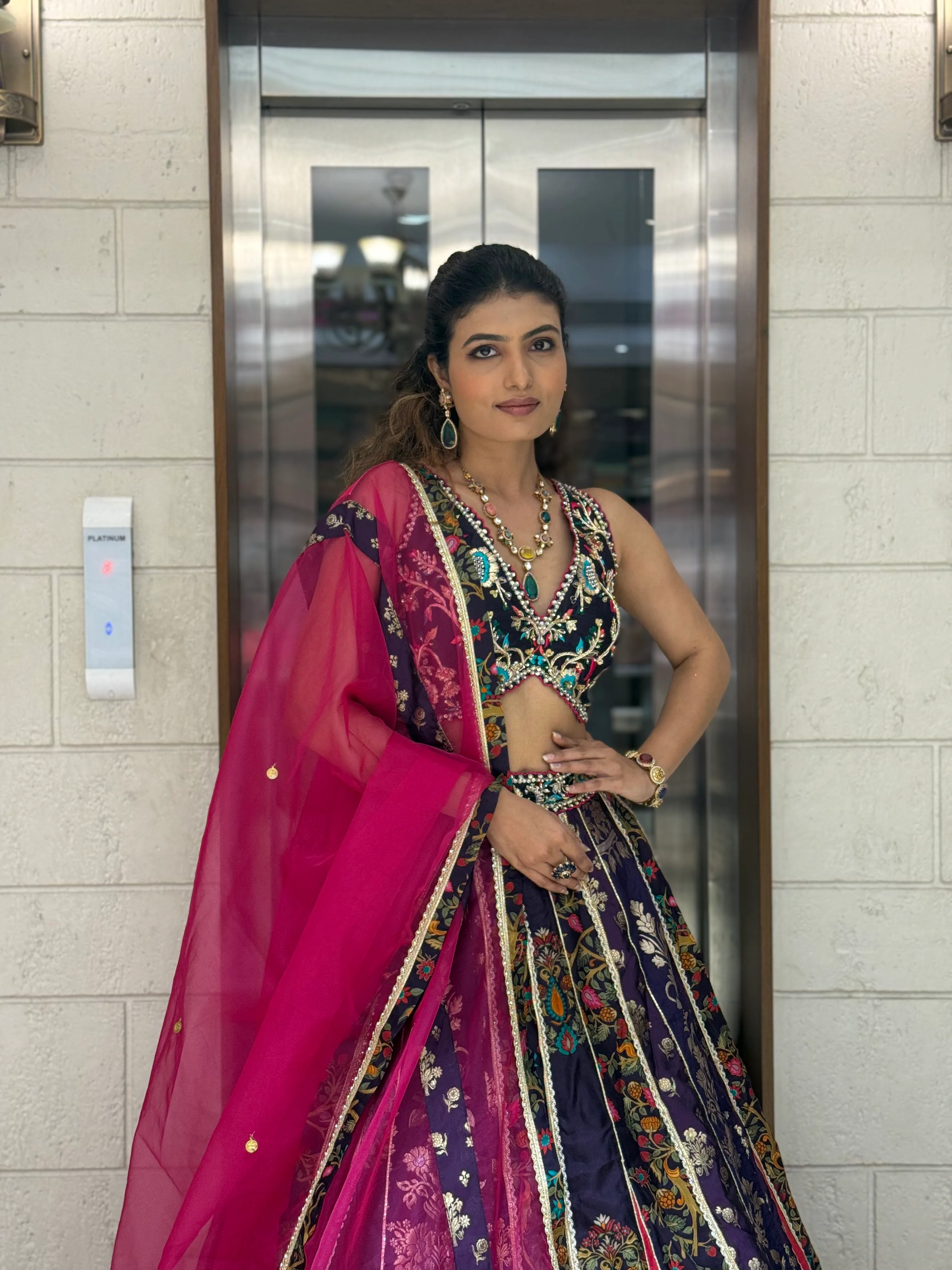 Navy Blue & Rani Pink Banarasi Panelled Lehenga with Hand-Embroidered Blouse - Image 3