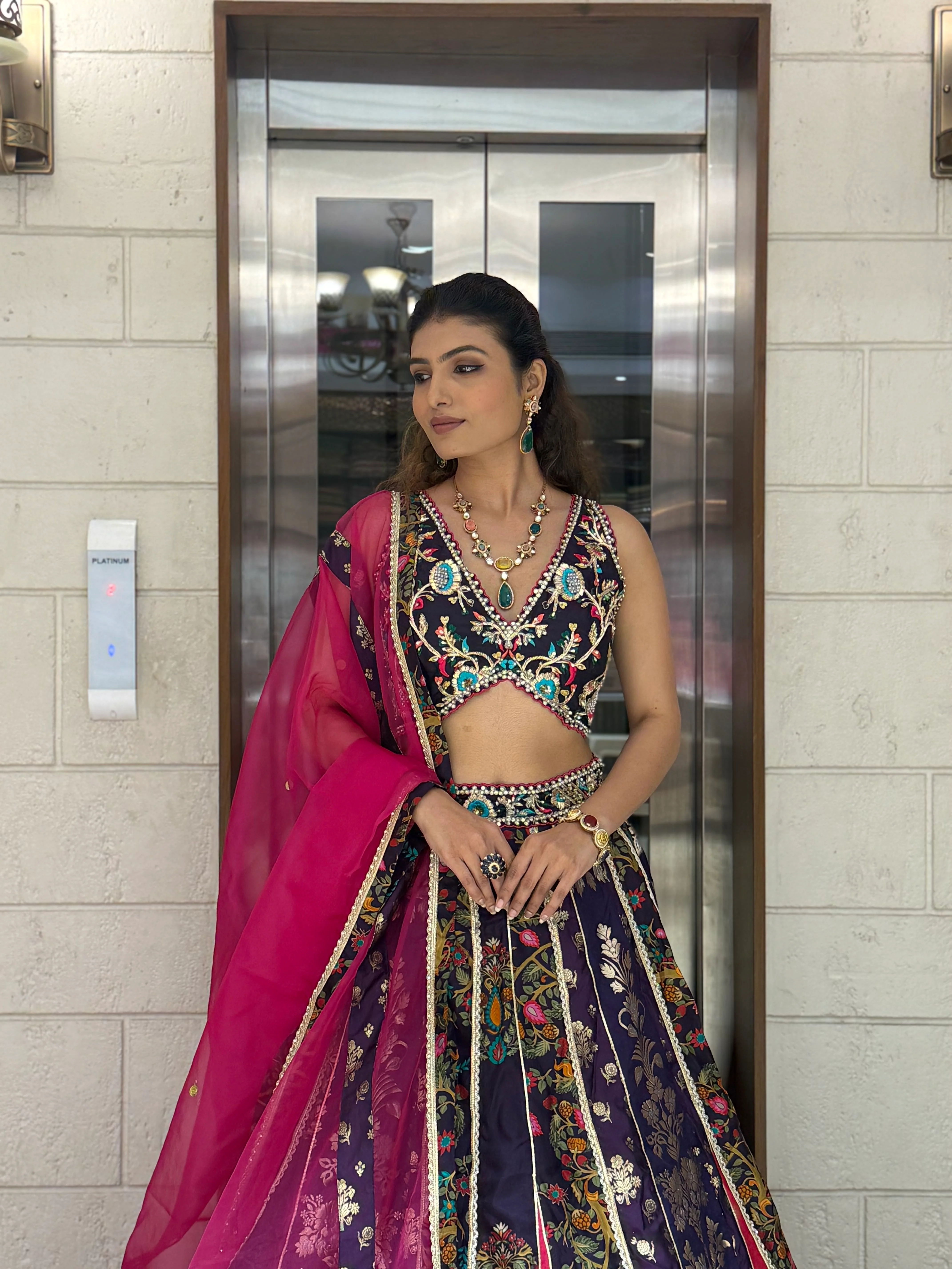 Navy Blue & Rani Pink Banarasi Panelled Lehenga with Hand-Embroidered Blouse - Image 4