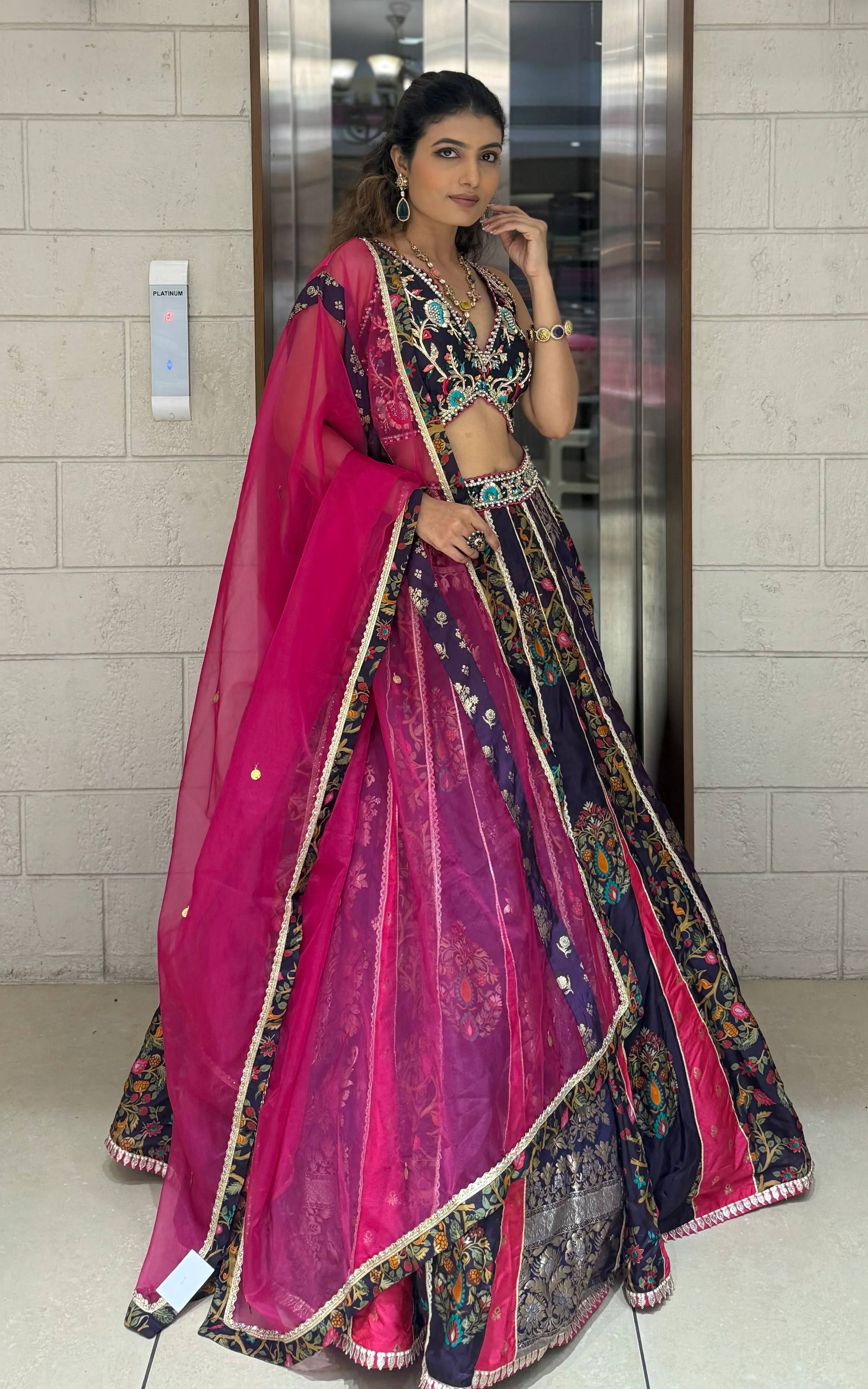 Navy Blue & Rani Pink Banarasi Panelled Lehenga with Hand-Embroidered Blouse - Image 5
