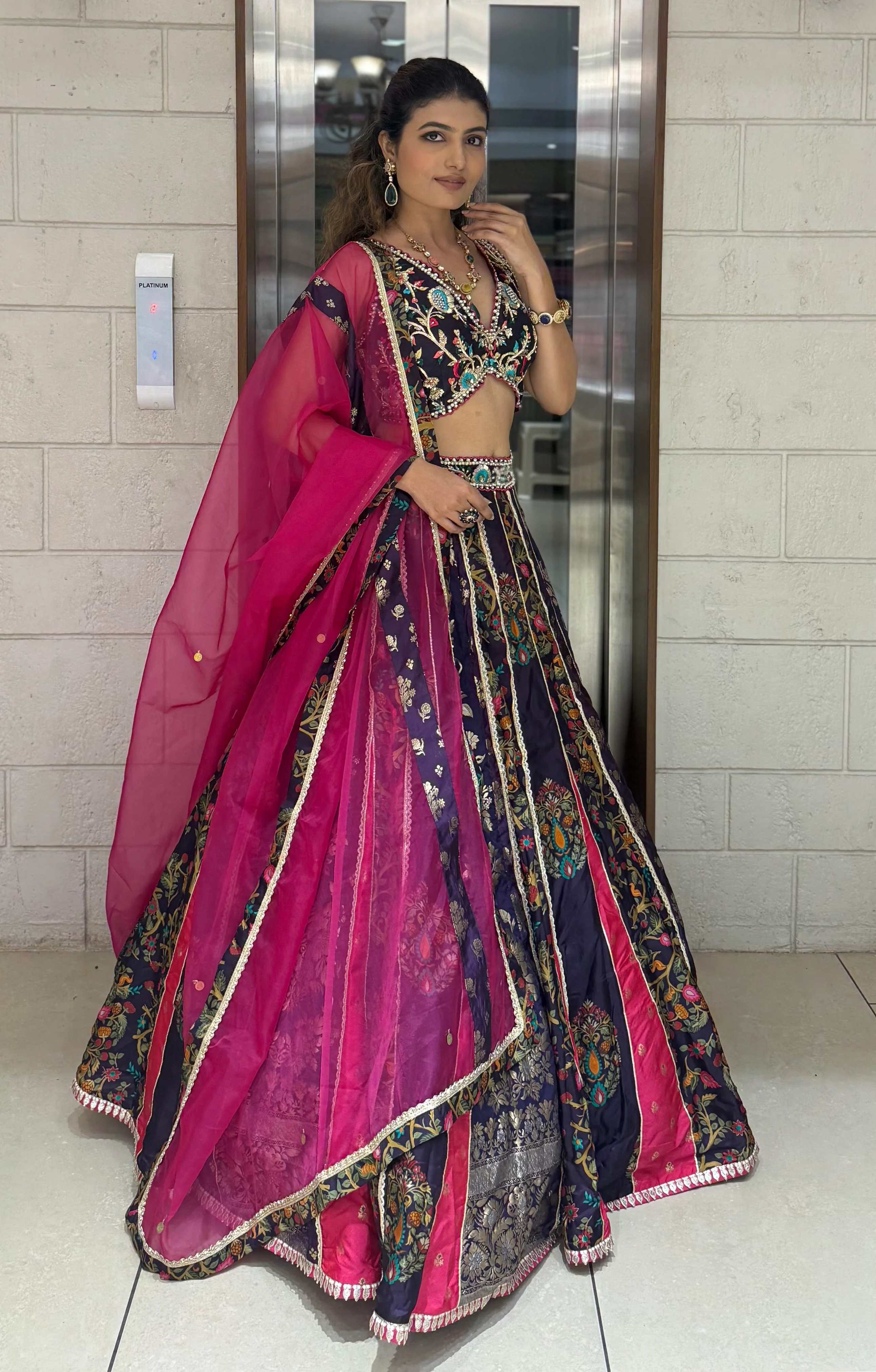 Navy Blue & Rani Pink Banarasi Panelled Lehenga with Hand-Embroidered Blouse - Image 6