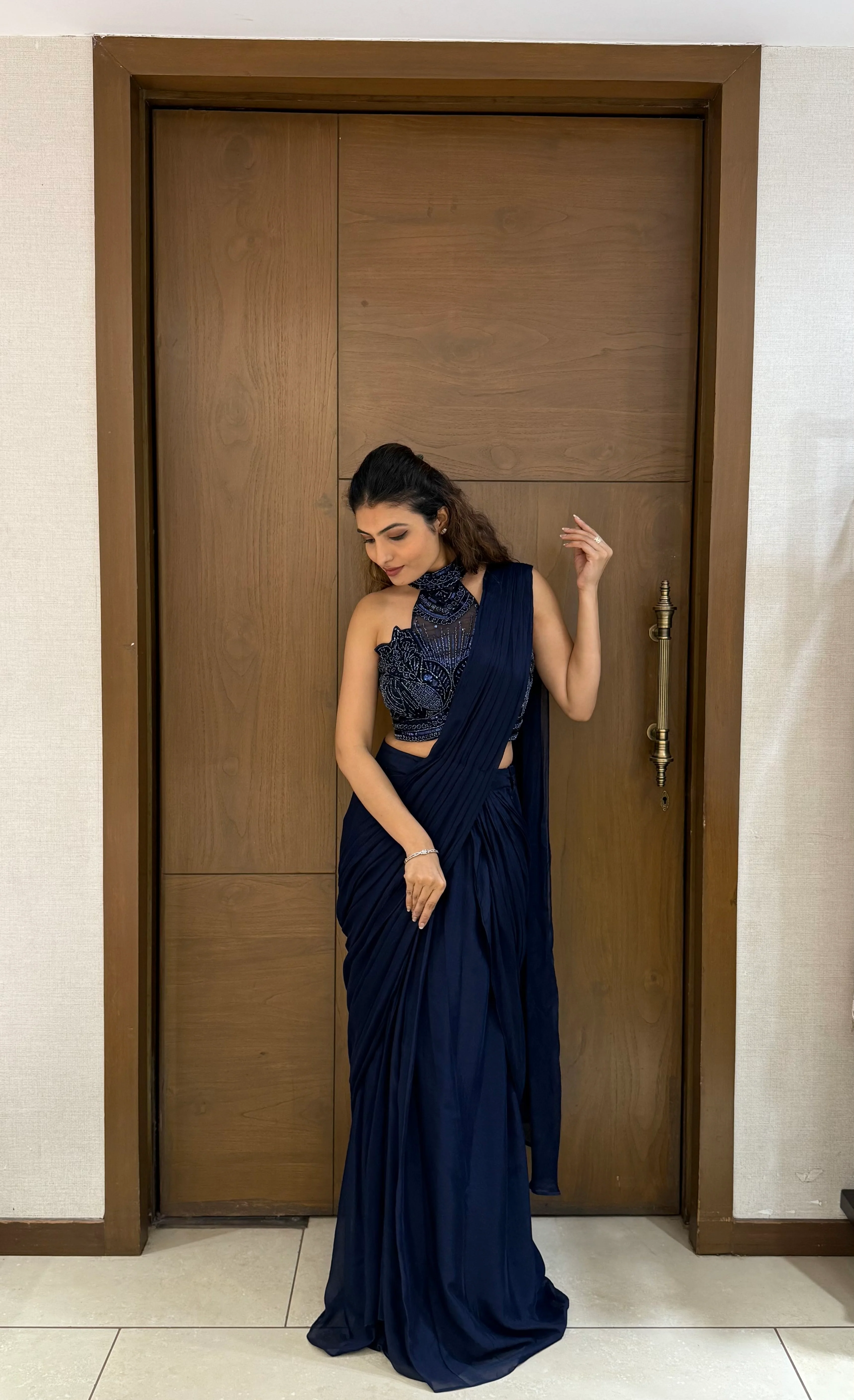 Navy Blue Ready-to-Wear Saree with Embroidered Blouse – Midnight Grace - Image 3