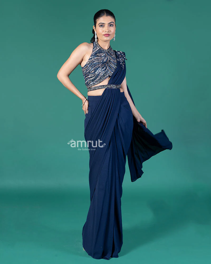 Navy Blue Ready-to-Wear Saree with Halter-Neck Embellished Blouse and Decorative Belt - Image 4