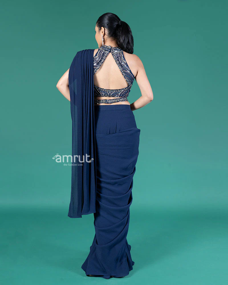 Navy Blue Ready-to-Wear Saree with Halter-Neck Embellished Blouse and Decorative Belt - Image 5