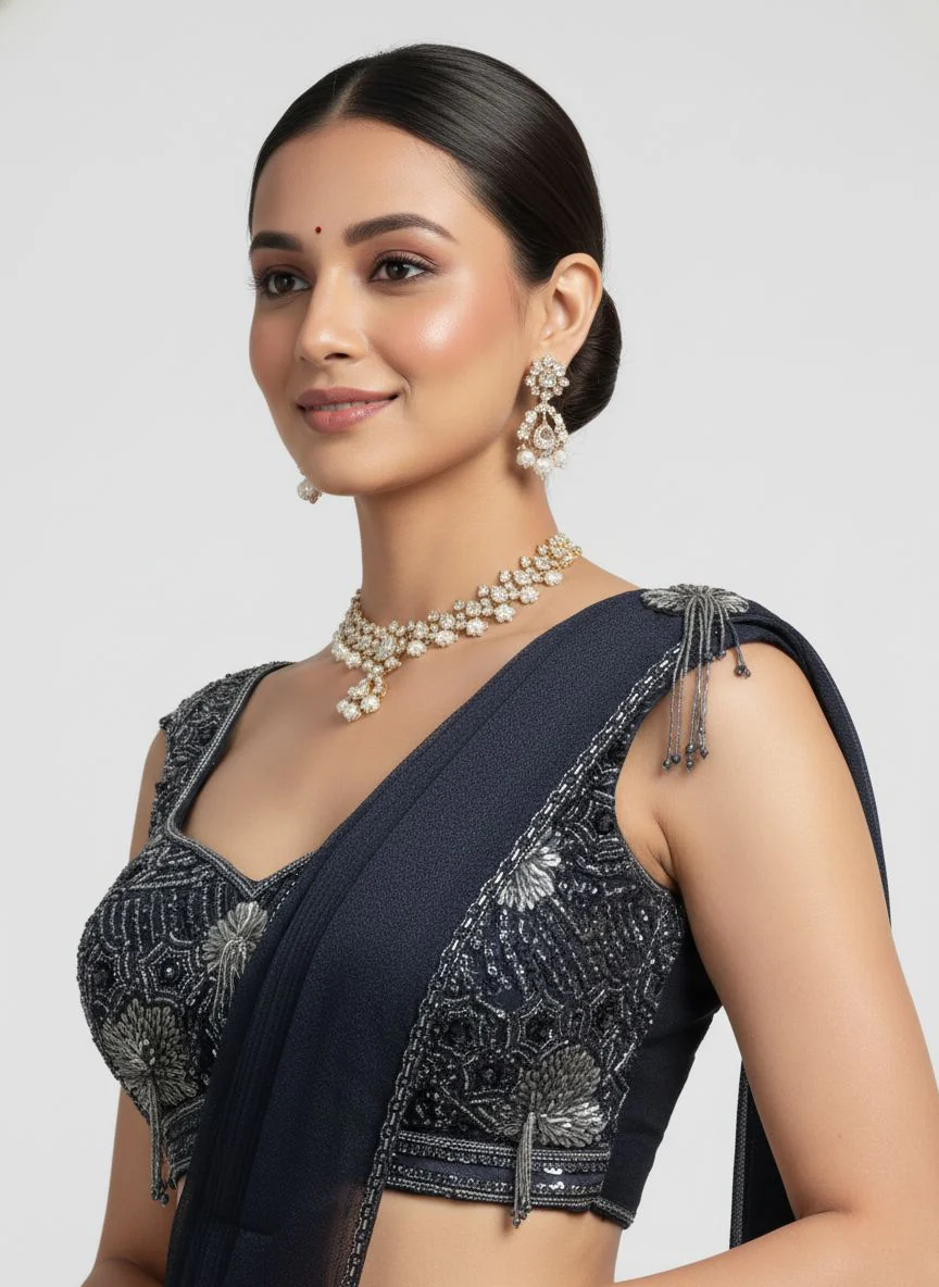 Navy Blue Ready-to-Wear Saree with Hand-Embroidered Blouse - Image 2