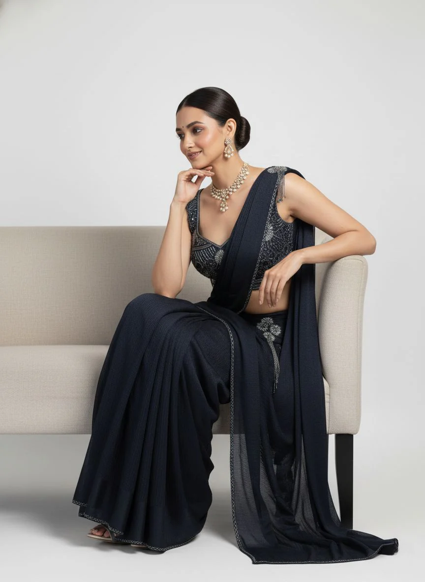 Navy Blue Ready-to-Wear Saree with Hand-Embroidered Blouse - Image 3