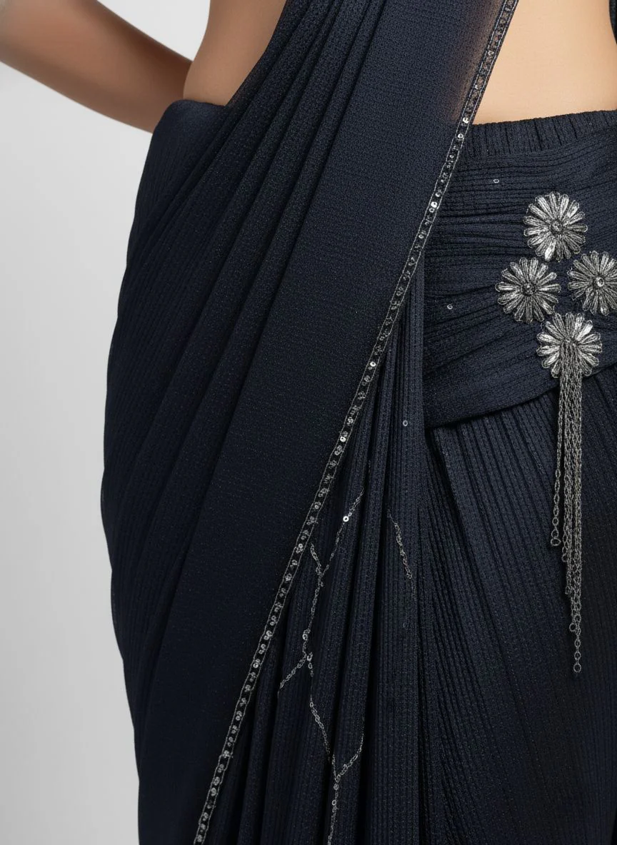 Navy Blue Ready-to-Wear Saree with Hand-Embroidered Blouse - Image 4