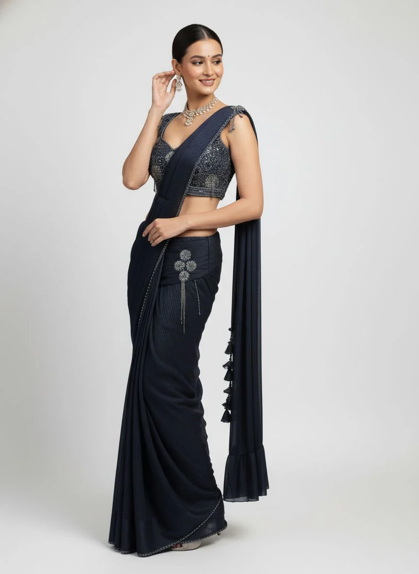 Navy Blue Ready-to-Wear Saree with Hand-Embroidered Blouse - Image 5