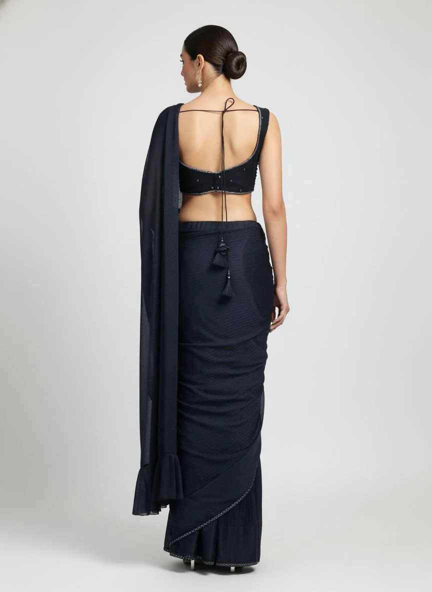 Navy Blue Ready-to-Wear Saree with Hand-Embroidered Blouse - Image 6