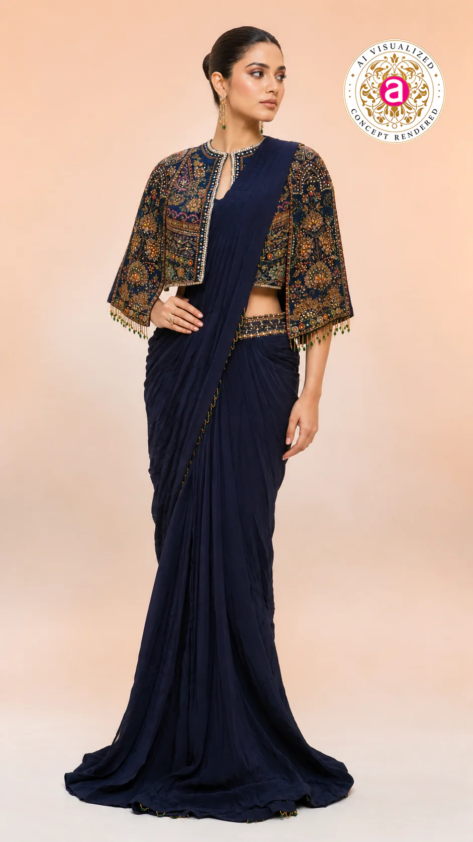 Navy Blue Ready-to-Wear Saree with Heavy Embroidered Jacket Blouse & Draped Pleats - Image 3