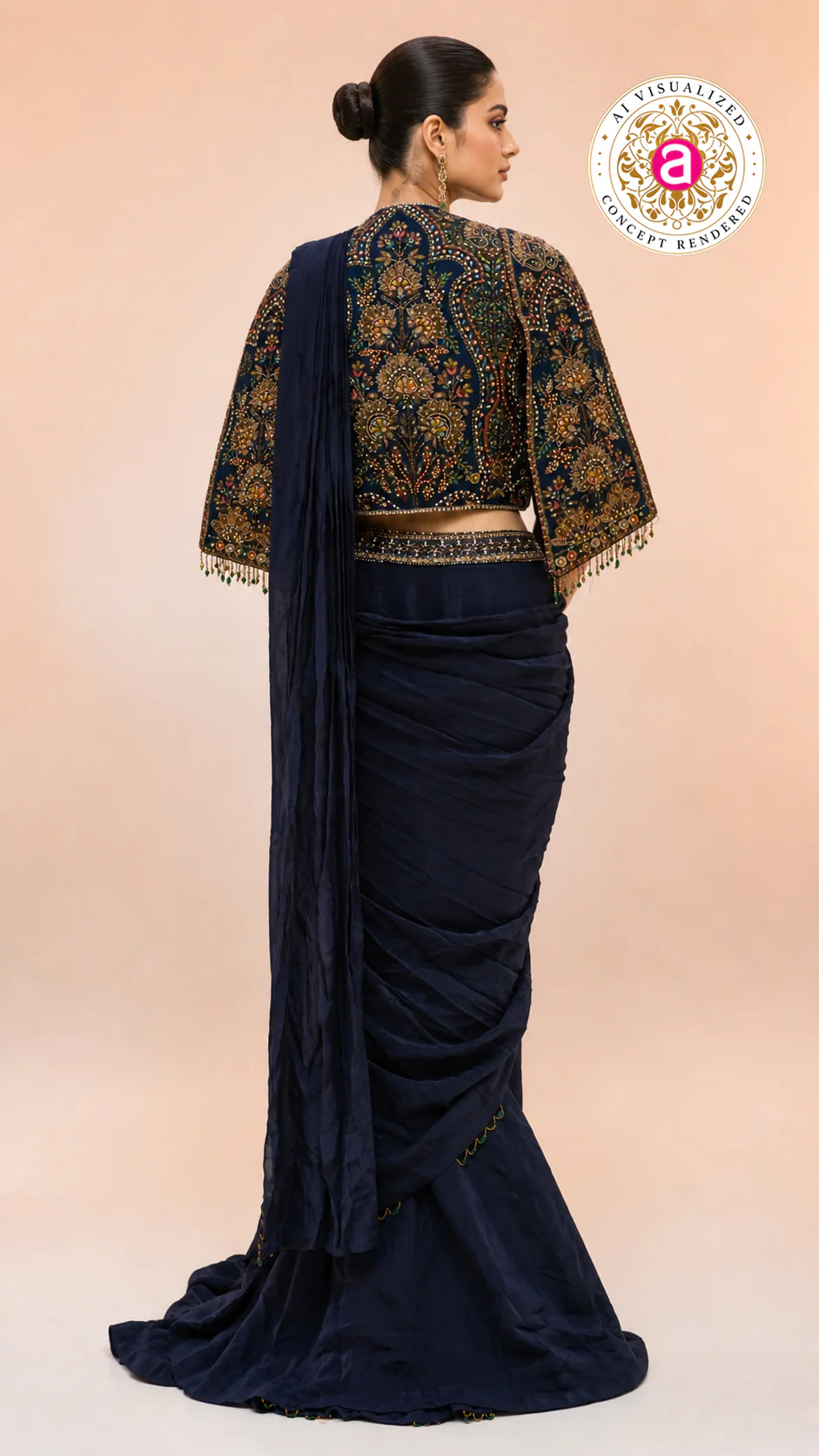 Navy Blue Ready-to-Wear Saree with Heavy Embroidered Jacket Blouse & Draped Pleats - Image 4