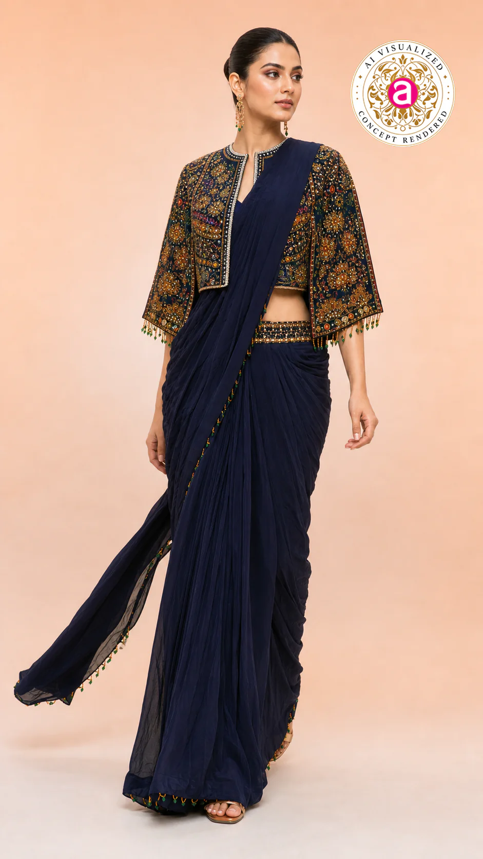 Navy Blue Ready-to-Wear Saree with Heavy Embroidered Jacket Blouse & Draped Pleats - Image 5