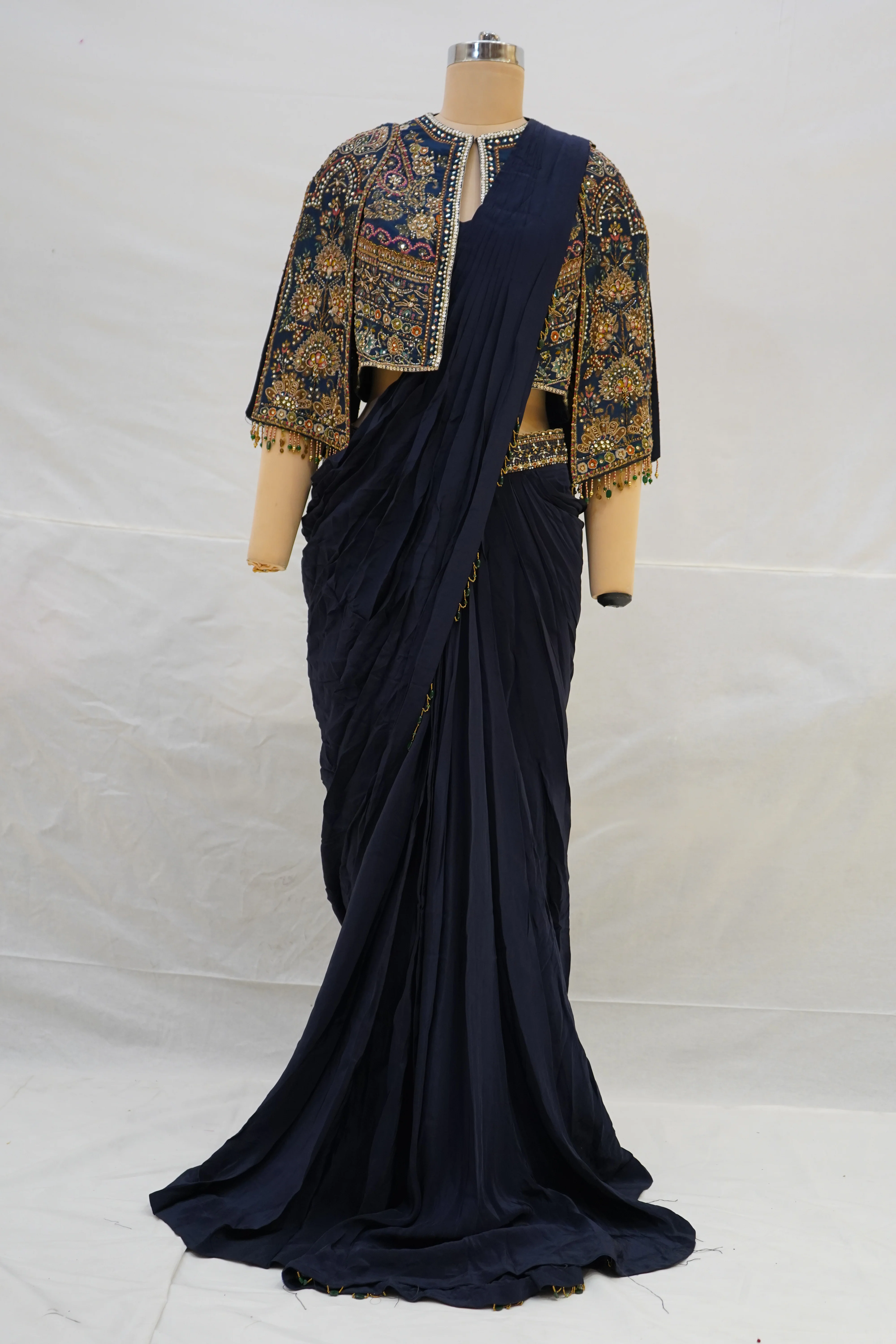 Navy Blue Ready-to-Wear Saree with Heavy Embroidered Jacket Blouse & Draped Pleats - Image 6