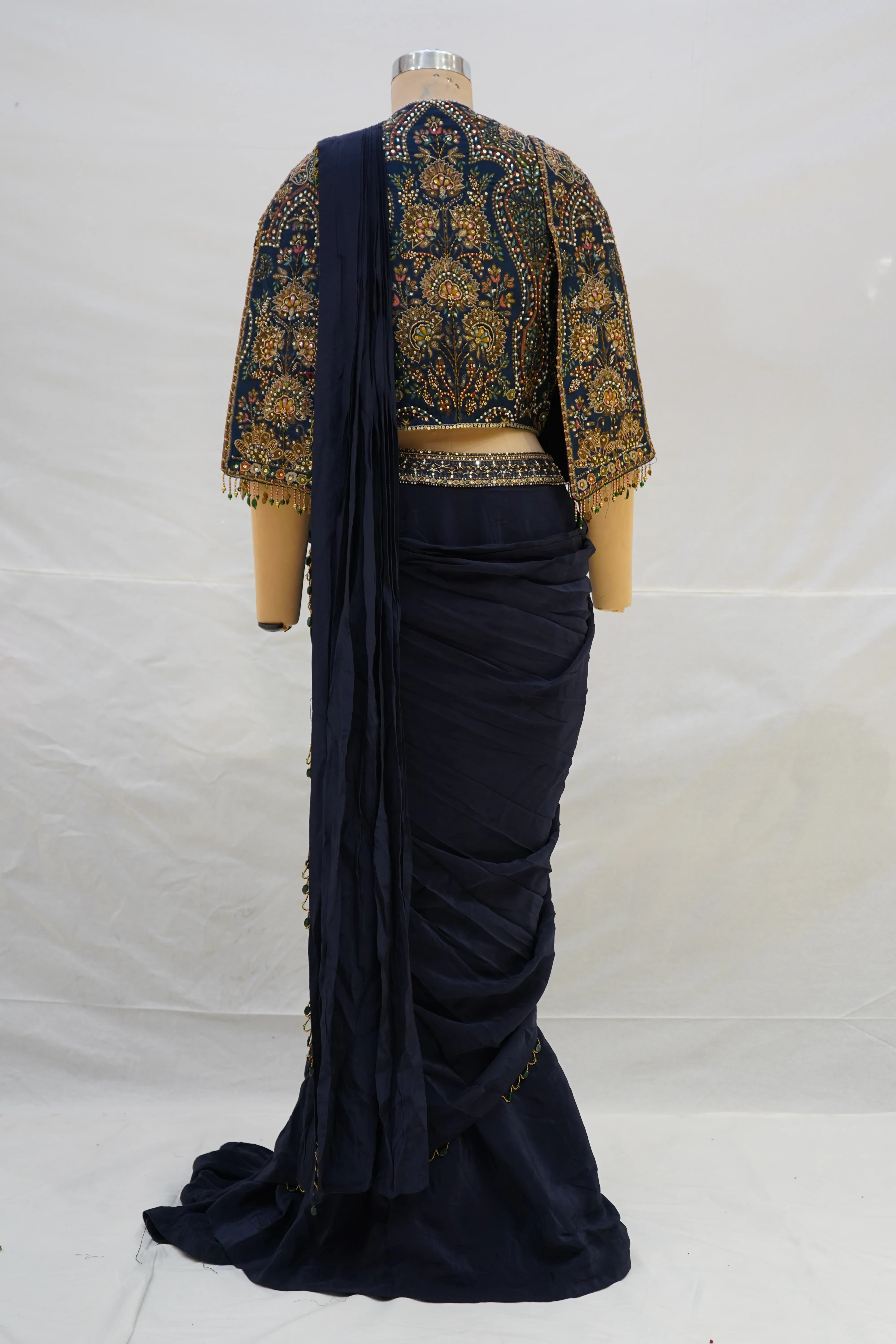 Navy Blue Ready-to-Wear Saree with Heavy Embroidered Jacket Blouse & Draped Pleats - Image 7