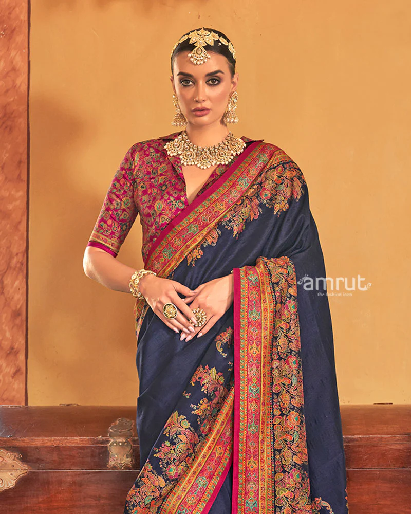 Navy Blue Saree with Multicolored Paisley Print and Unstitched Blouse - Image 2