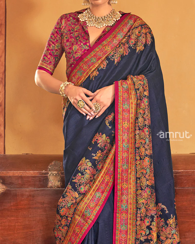Navy Blue Saree with Multicolored Paisley Print and Unstitched Blouse - Image 3