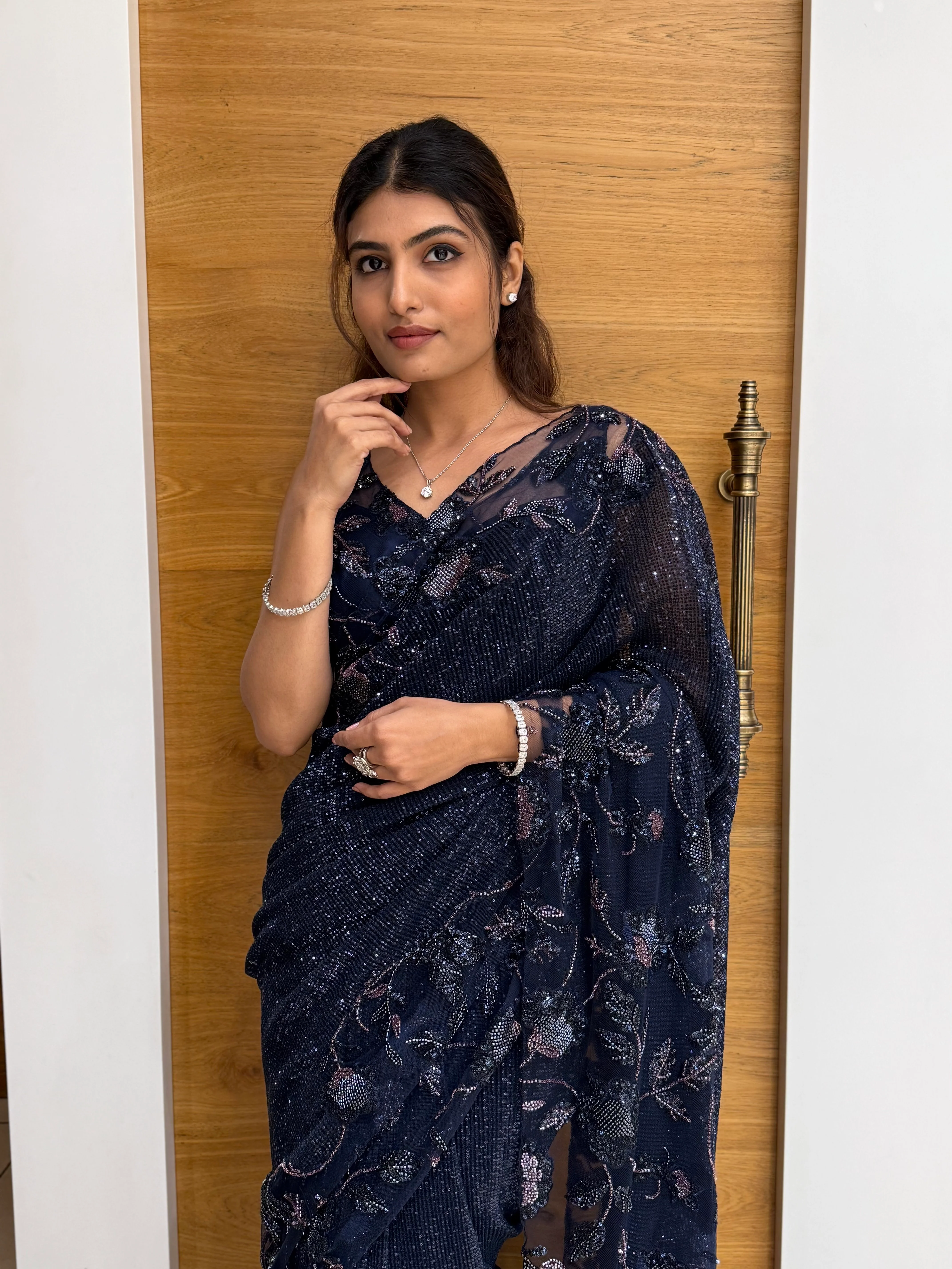 Navy Blue Sequin Embroidered Designer Saree with Matching Blouse - Image 2