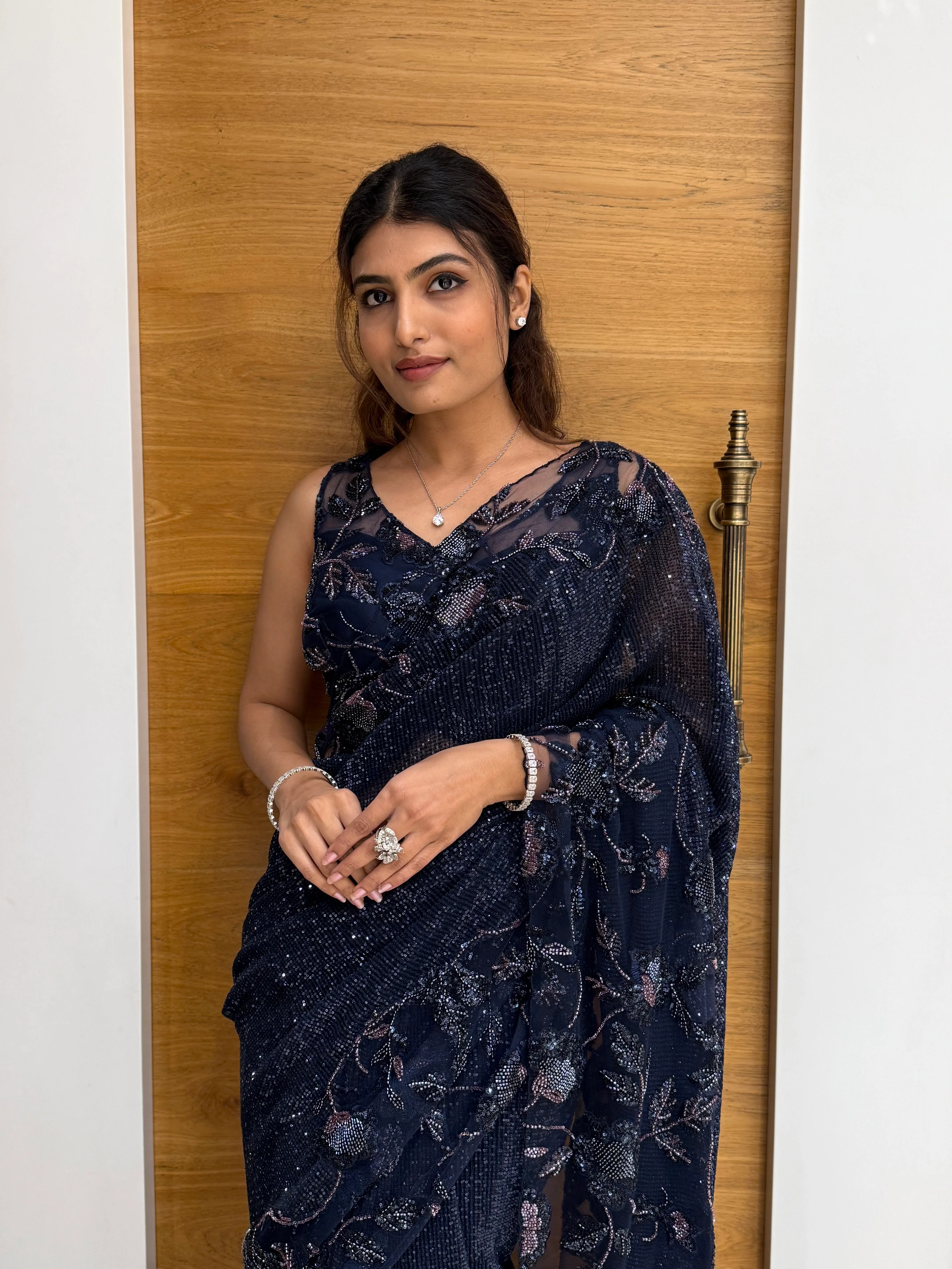 Navy Blue Sequin Embroidered Designer Saree with Matching Blouse - Image 3