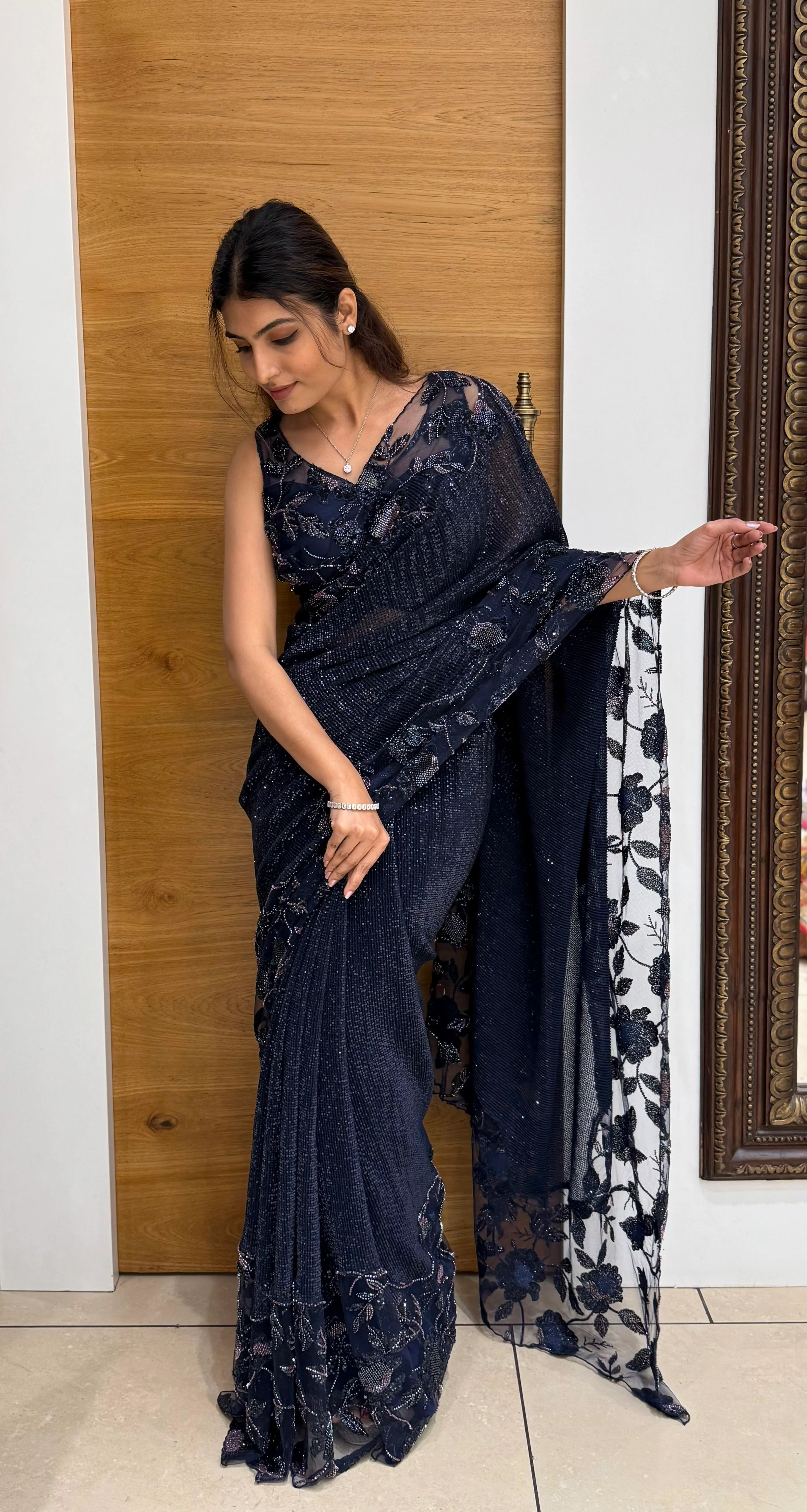 Navy Blue Sequin Embroidered Designer Saree with Matching Blouse - Image 4