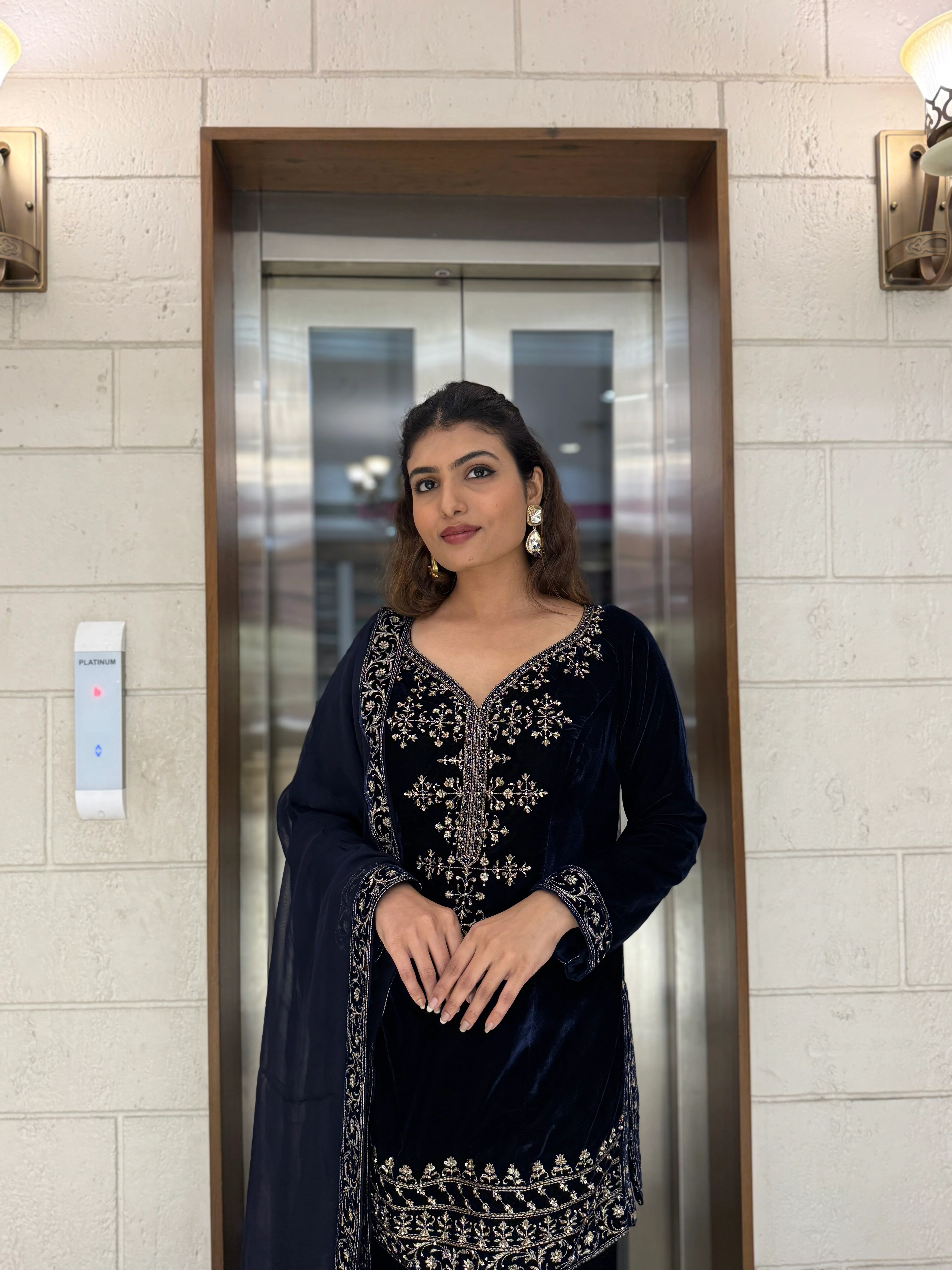Navy Blue Velvet Embroidered Sharara Set with Dupatta - Image 3