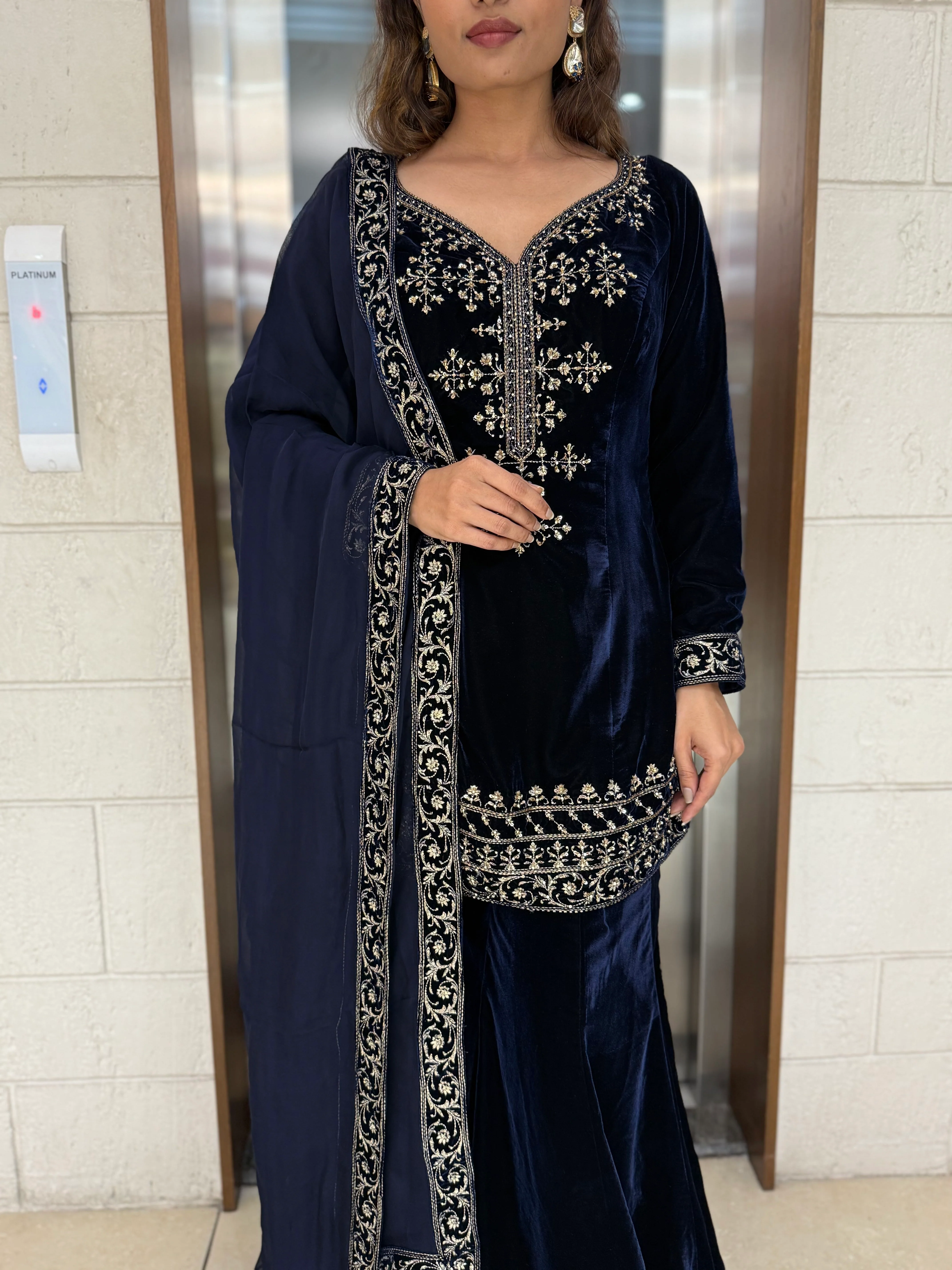 Navy Blue Velvet Embroidered Sharara Set with Dupatta - Image 4