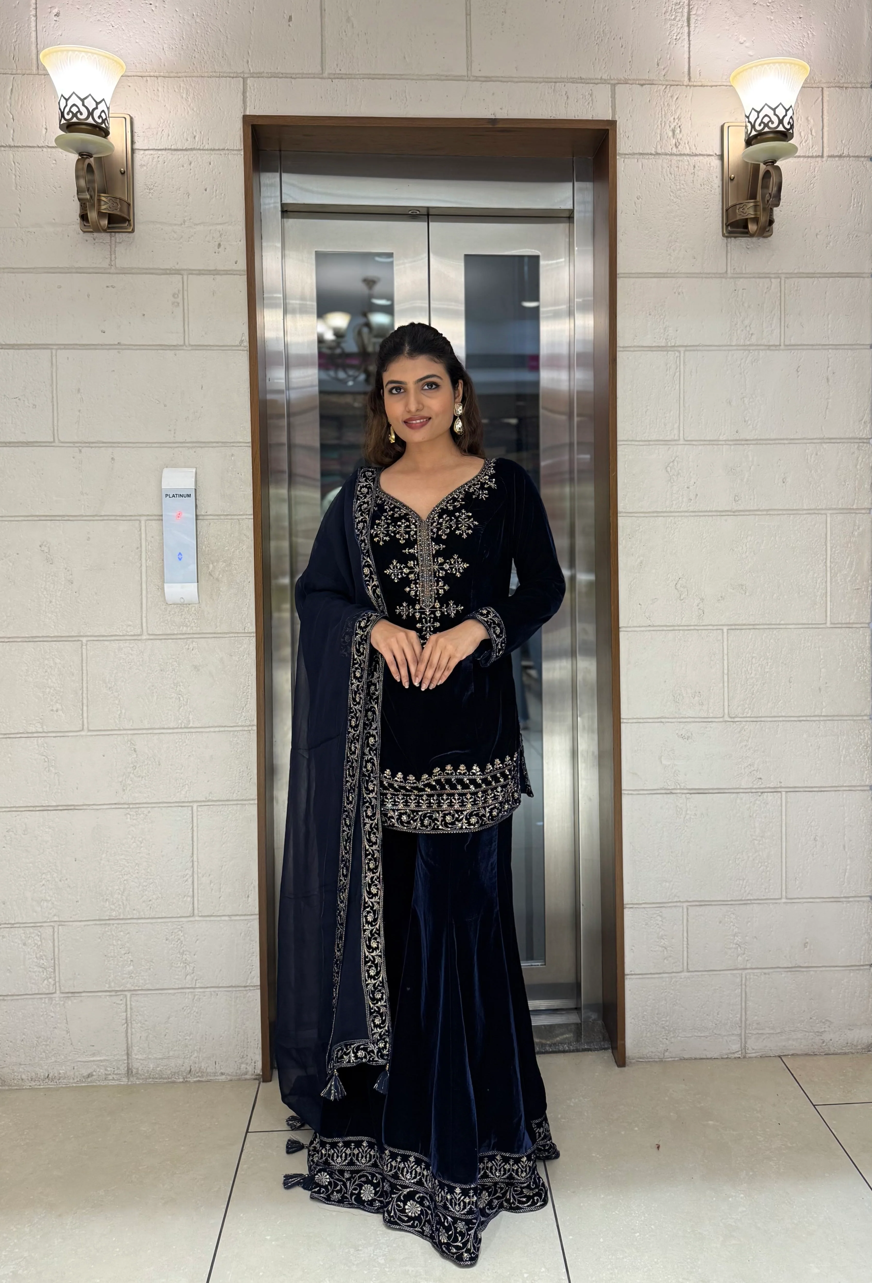 Navy Blue Velvet Embroidered Sharara Set with Dupatta - Image 5