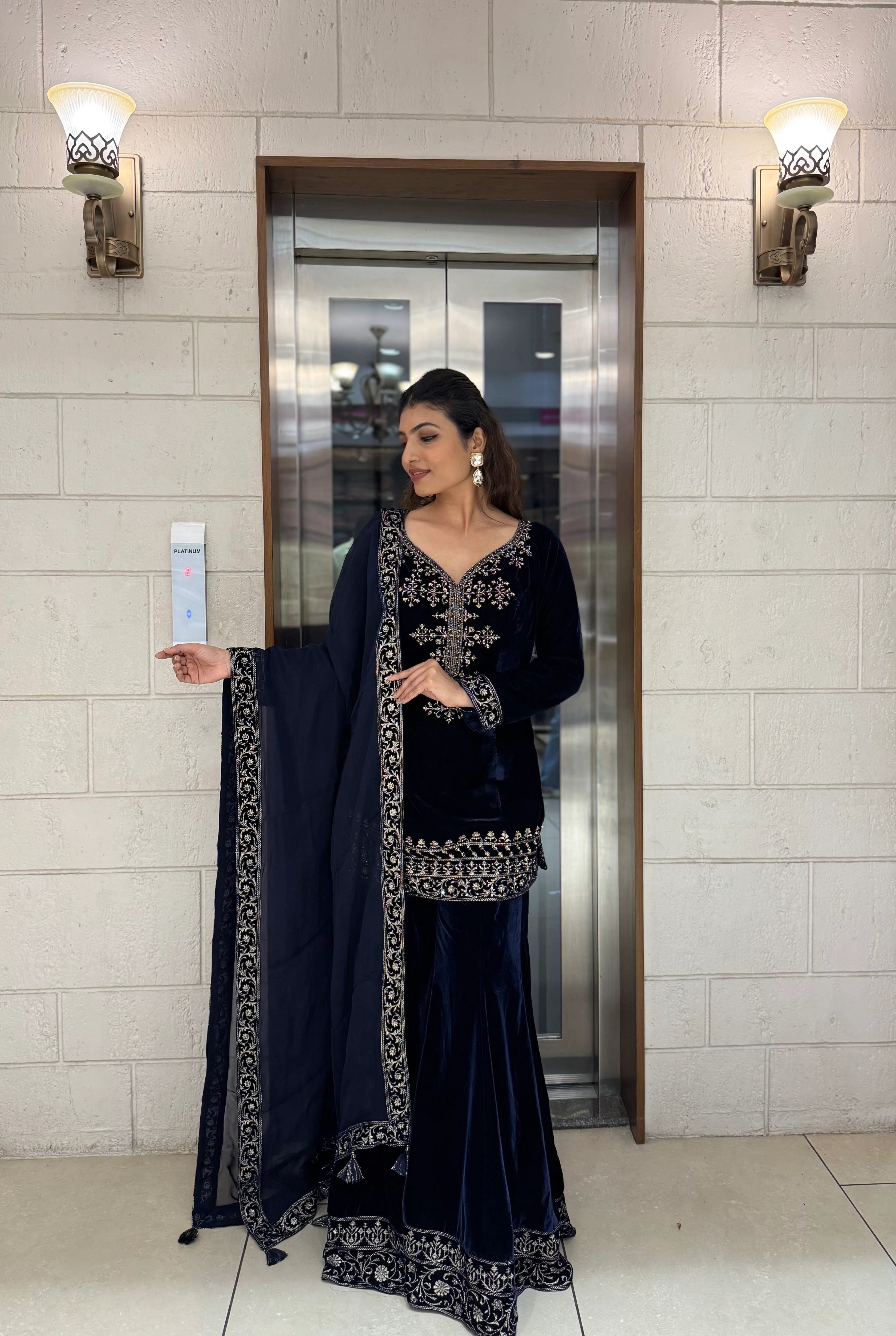 Navy Blue Velvet Embroidered Sharara Set with Dupatta - Image 6