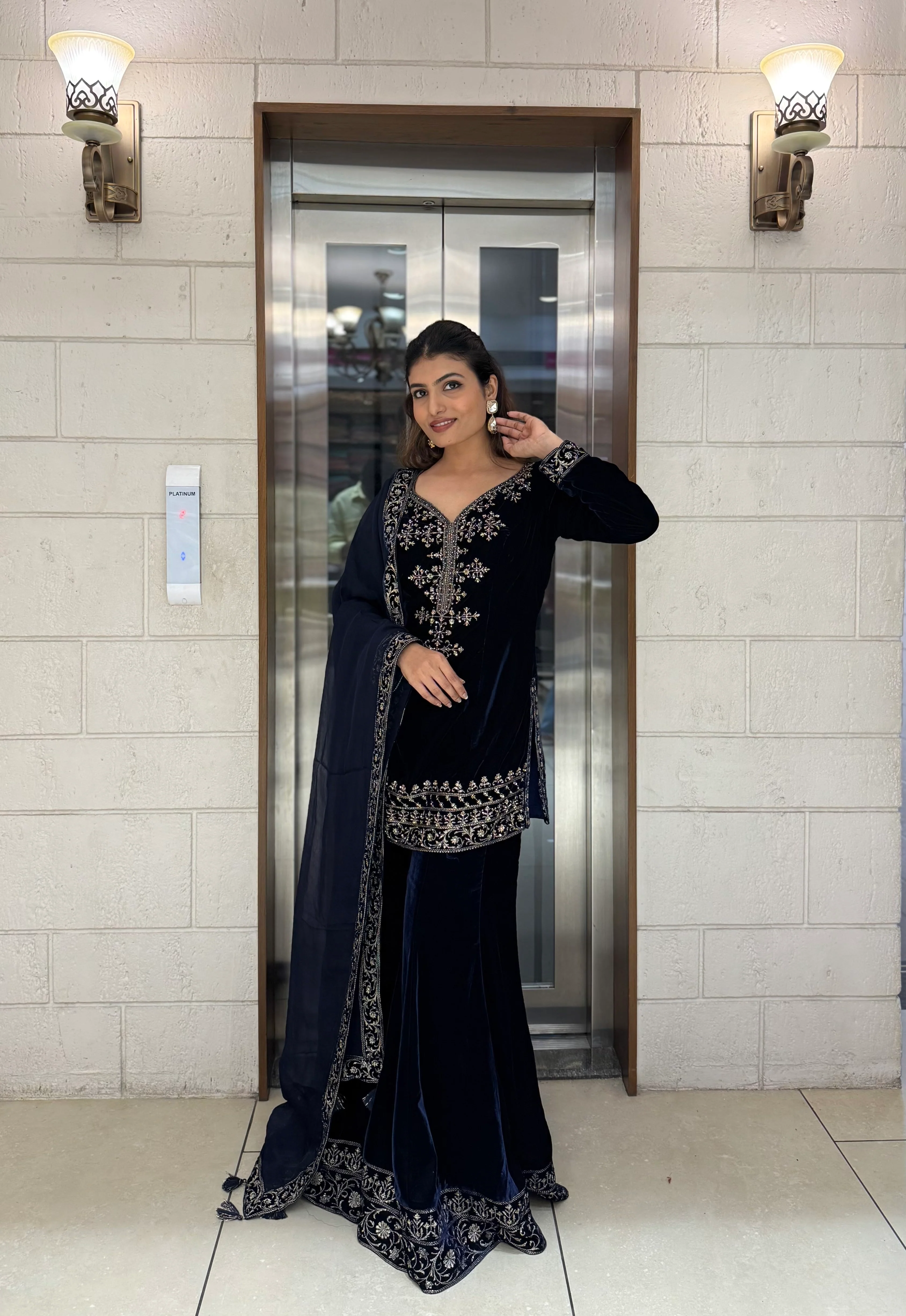 Navy Blue Velvet Embroidered Sharara Set with Dupatta - Image 7