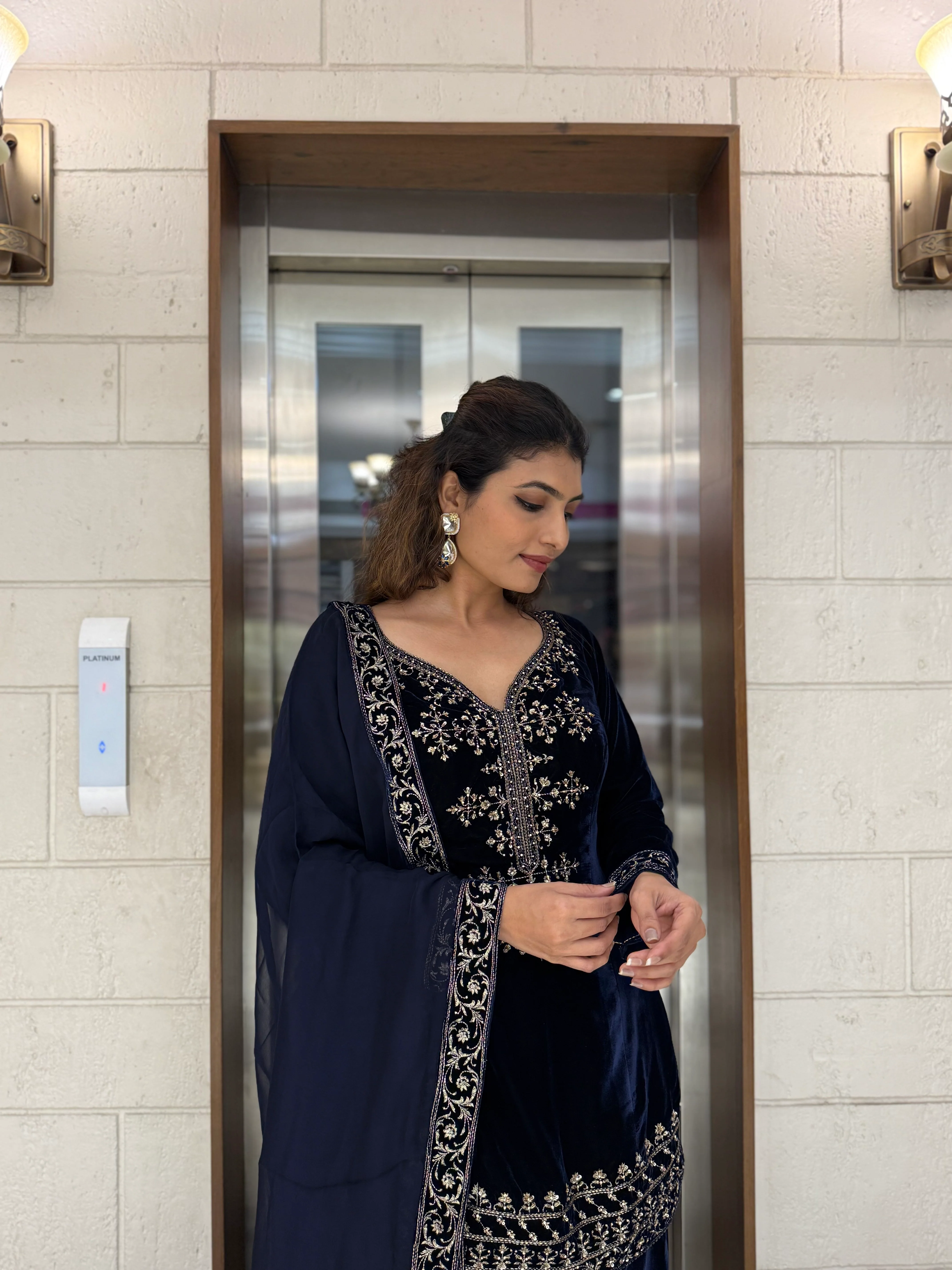 Navy Blue Velvet Embroidered Sharara Set with Dupatta - Image 8