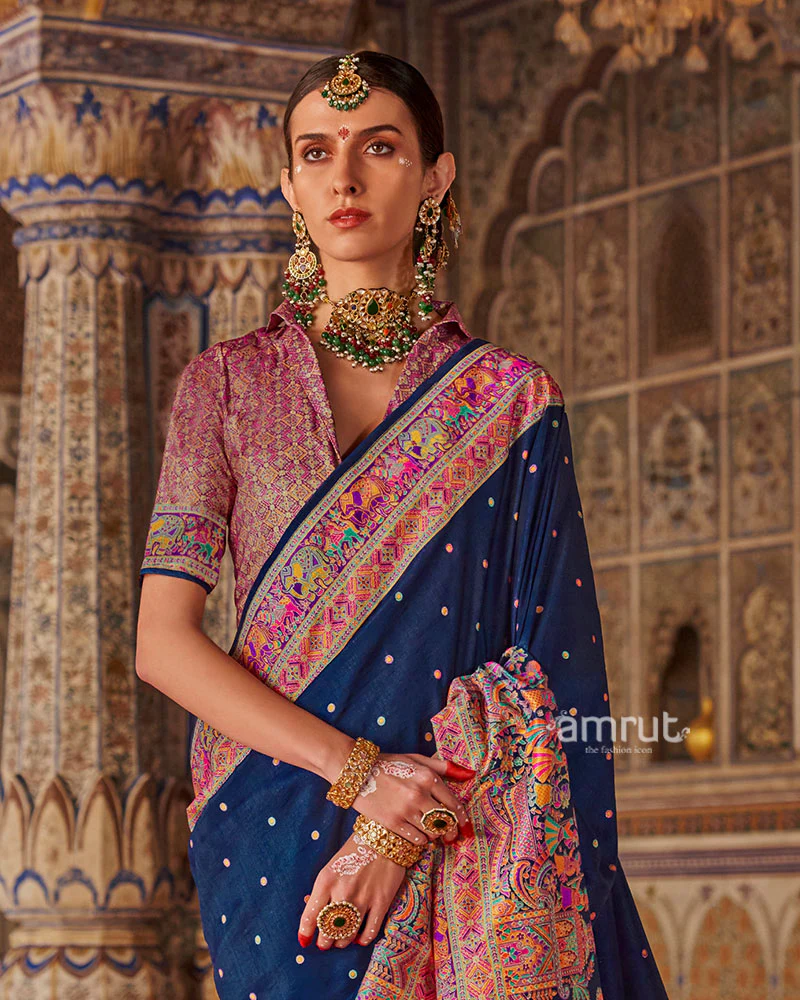 Navy Blue with Floral Motifs Printed Border Saree and Unstitched Blouse - Image 2