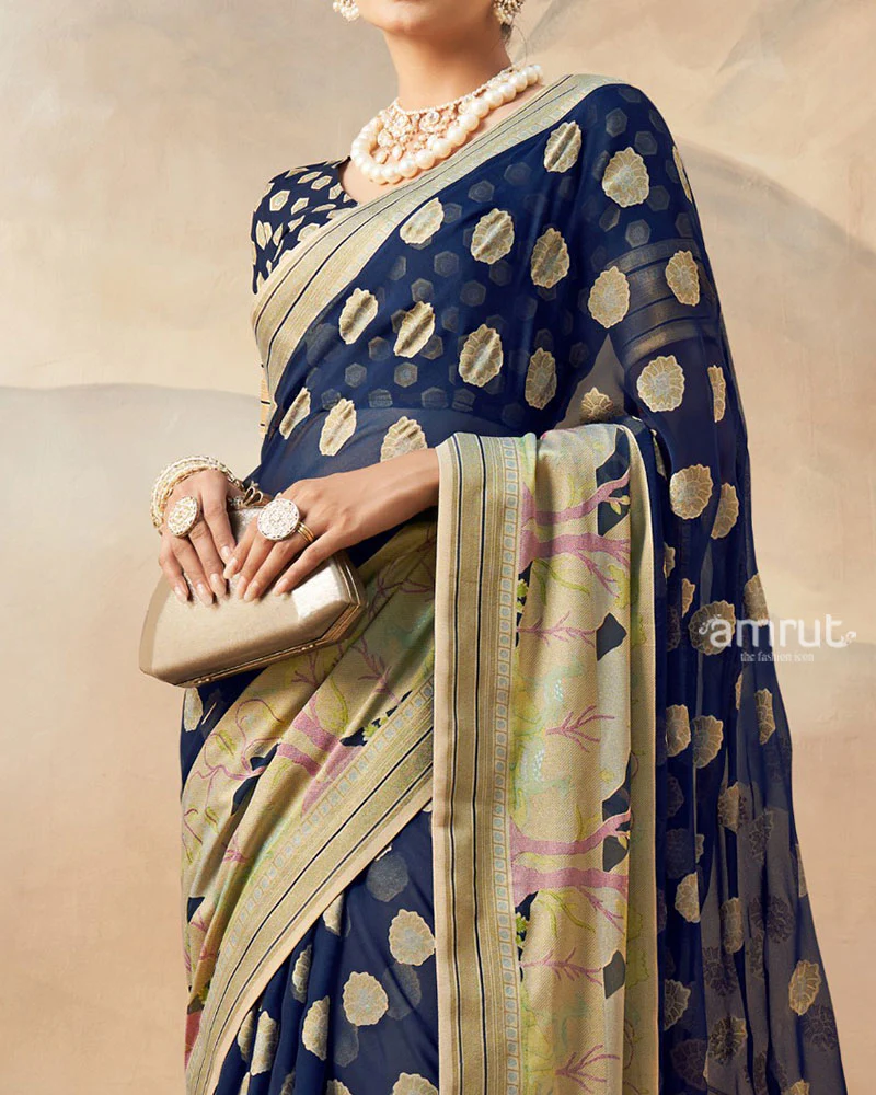 Navy Blue with Golden Polka Dots Nature Inspired Print Border Georgette Saree and Unstitched Blouse - Image 3
