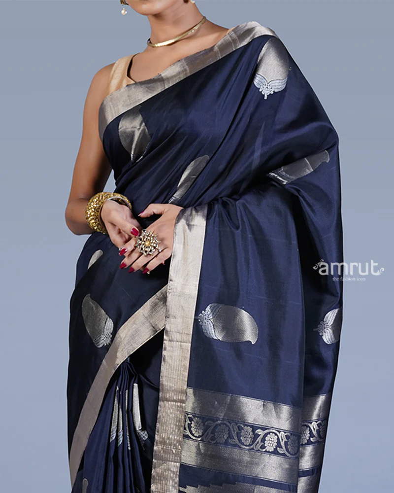 Navy Blue with Golden Zari Leaf Patterns and Geometric Motifs Saree with unstitched blouse - Image 3